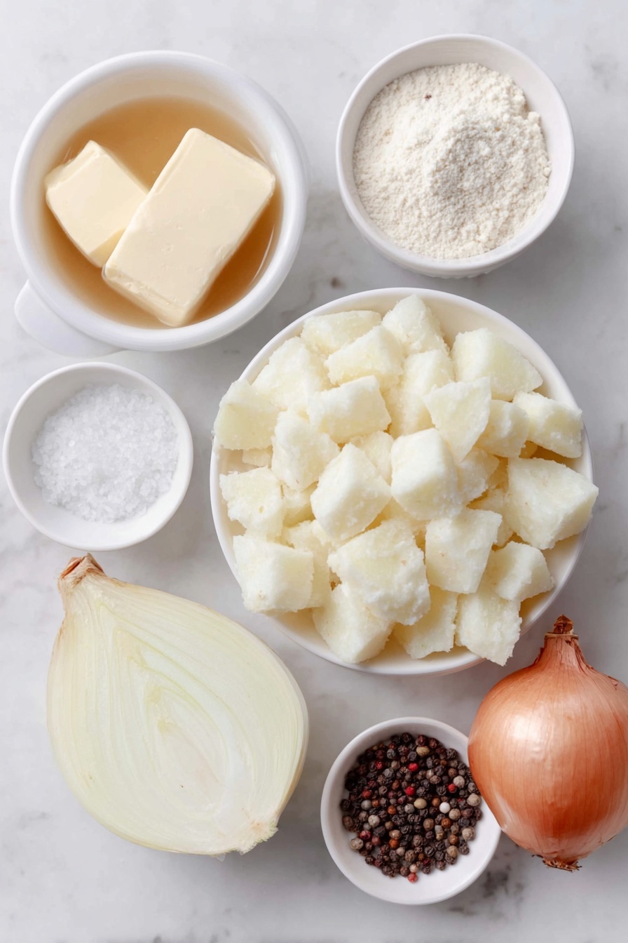 Creamy Potato Soup Recipe 7 Flat lay of diced white potatoes, a small white ceramic bowl of golden chicken broth, a few pats of creamy butter, half a yellow onion halved showing the fresh layers, a small white bowl of minced garlic, a small white bowl of pale flour, a small white bowl filled with fresh milk, coarse salt crystals and whole black peppercorns scattered neatly, all arranged in perfect symmetry on a clean white marble surface, soft natural light, photo taken with an iPhone, professional food photography style, fresh ingredients, white ceramic bowls, no bottles, no duplicates, no utensils, no packaging --ar 2:3 --v 7 --p m7354615311229779997 - Creamy Potato Soup, easy potato soup recipe, comforting potato soup, quick dinner ideas, homemade potato soup