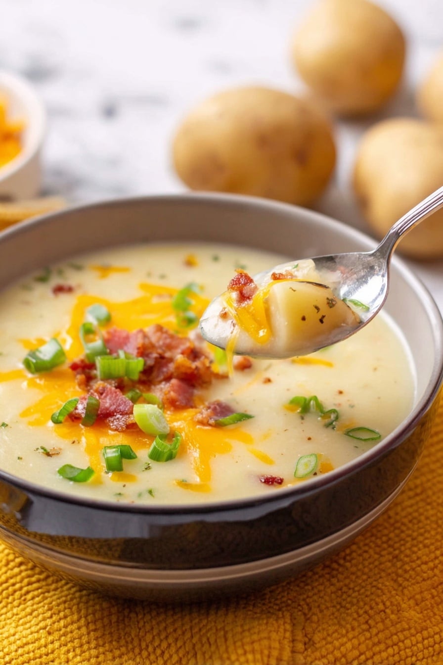 A white bowl with a dark rim sits on a yellow textured cloth, filled with thick creamy potato soup. On top, there is a layer of melted orange cheddar cheese, small bits of crispy pink bacon, and bright green chopped spring onions. A shiny silver spoon lifts a scoop of the soup, showing a smooth, thick texture with visible soft potato pieces. The background is blurred with small whole potatoes on a white marbled surface. Photo taken with an iphone --ar 2:3 --v 7 - Creamy Potato Soup, easy potato soup recipe, comforting potato soup, quick dinner ideas, homemade potato soup