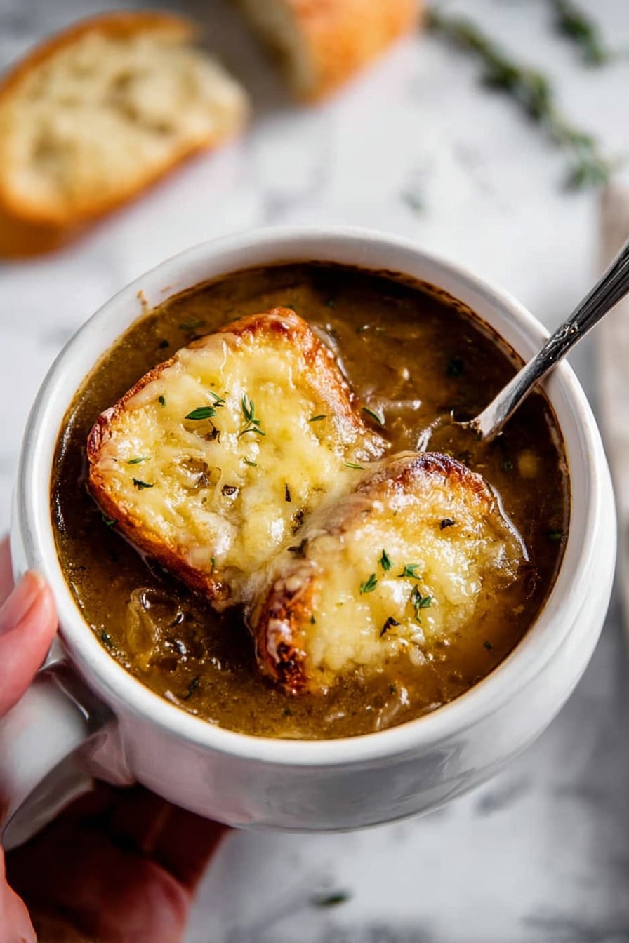 A white ceramic bowl holding thick brown onion soup filled with visible cooked onions and herbs, topped with two rectangular slices of melted golden-brown cheese toasted to a slightly crispy texture; a silver spoon is resting inside the bowl on the right side, while a woman's hand is holding the bowl by its handle on the left side; in the blurred background, there is a piece of bread resting on a white marbled surface photo taken with an iphone --ar 2:3 --v 7 - French Onion Soup with Gruyere, French Onion Soup, caramelized onion soup, cheesy French onion soup, classic onion soup