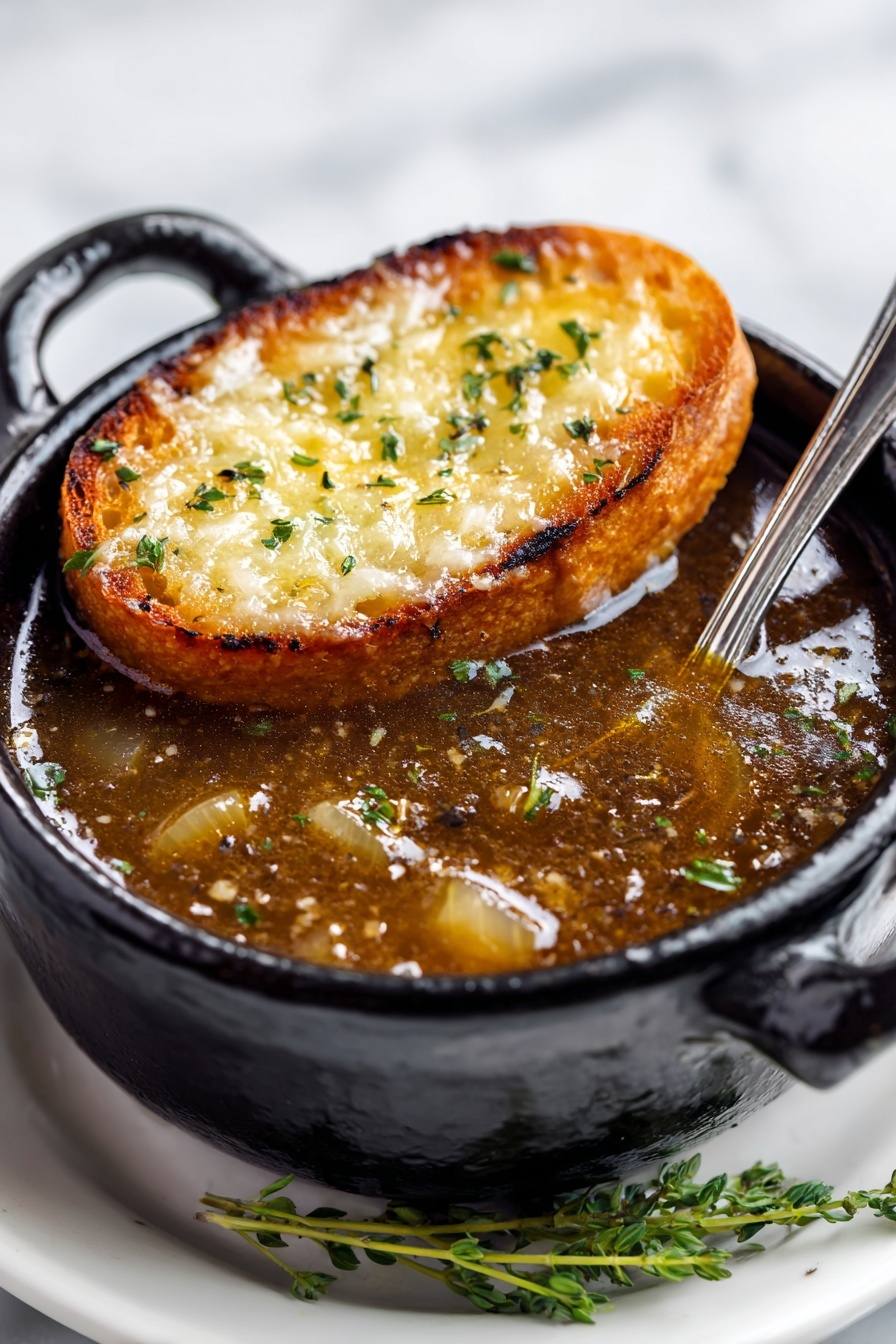French Onion Soup with Cheesy Baguettes Recipe 6 A small black cast iron pot filled with dark brown onion soup, visible translucent onion slices floating in the broth. On top, a golden brown toasted slice of bread with melted cheese covers half the soup, sprinkled with tiny green herb leaves. The pot sits on a white plate with a sprig of fresh green herbs beside it. A silver spoon is dipping into the soup from the right side, resting on the pot edge. The background is a white marbled surface. Photo taken with an iphone --ar 2:3 --v 7 - French Onion Soup with Cheesy Baguettes, caramelized onion soup, cheesy baguette topping, homemade French onion soup, comforting onion soup recipe