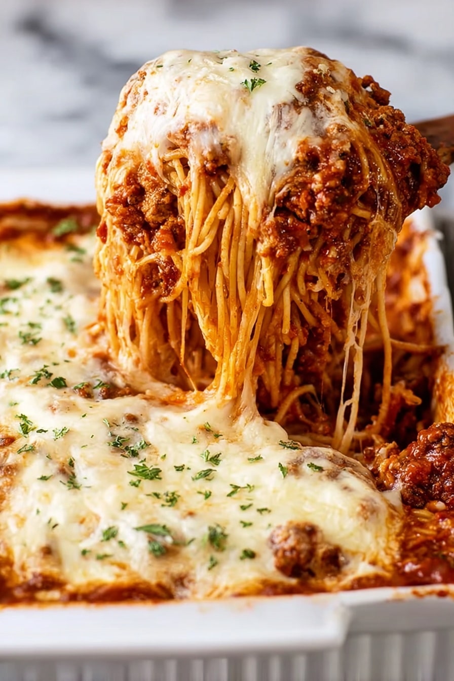 Creamy Alfredo and Spaghetti Bake Recipe 8 The image shows a close-up of a white rectangular baking dish filled with baked spaghetti. The dish has three main visible layers: a bottom layer of rich dark red meat sauce with chunks of ground meat, a thick middle layer of cooked spaghetti noodles that are light beige and soft, and a thick top layer of melted white cheese that is stretchy and bubbly with some brown spots from baking. The cheese is sprinkled with small green parsley pieces. A woman’s hand is lifting a large serving of the spaghetti from the dish, revealing long strands of noodles covered in sauce and cheese stretching upwards. The surface beneath the dish is white marbled texture. Photo taken with an iphone --ar 2:3 --v 7 - Creamy Alfredo and Spaghetti Bake, cheesy pasta casserole, baked Alfredo spaghetti, easy pasta bake recipe, family-friendly pasta dish