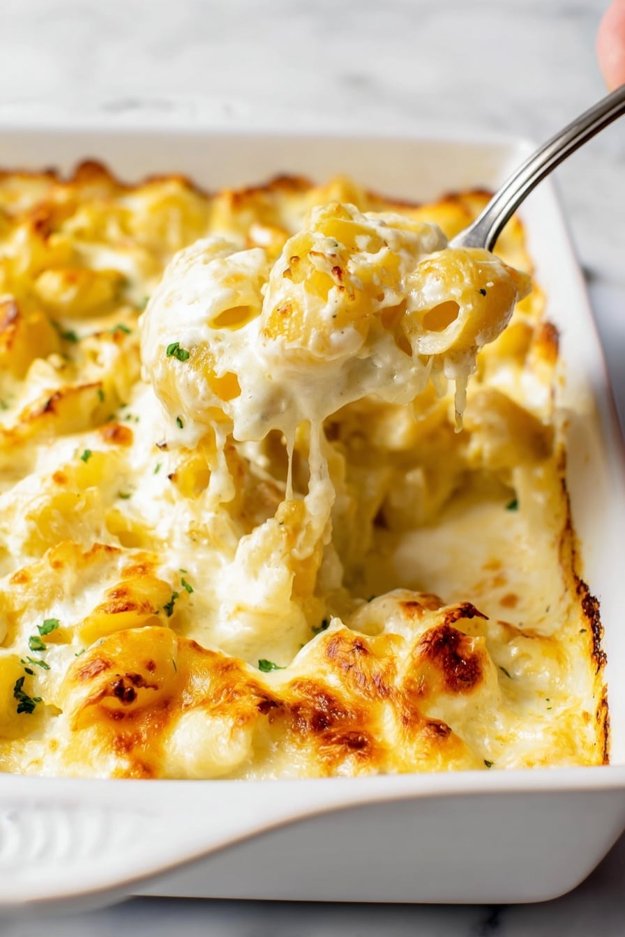 Cheese Tortellini Alfredo Bake Recipe 8 The image shows a white ceramic baking dish filled with creamy baked pasta. The pasta forms several uneven layers with smooth, melted cheese melted all over, giving a shiny and slightly browned texture on top. Patches of golden brown spots appear where the cheese is baked. The pasta pieces are golden yellow and slightly curled. Small bits of green herbs are sprinkled on the top. A metal spoon held by a woman's hand is scooping out some pasta, showing thick layers of cheese and soft pasta underneath. The dish sits on a white marbled surface. photo taken with an iphone --ar 2:3 --v 7 - Cheese Tortellini Alfredo Bake, creamy baked pasta, cheesy tortellini casserole, easy pasta dinner, comforting cheesy pasta dish