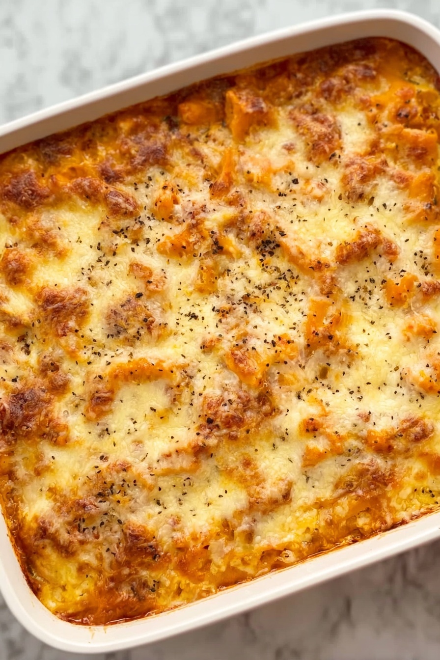 Cheesy Baked Tortellini Casserole Recipe 8 The dish shows a white rectangular baking pan filled with a cheesy casserole. The top layer is golden brown melted cheese with some darker toasted spots and sprinkled with small black seeds or spices. Underneath the cheese, you can see an uneven mix of orange and light brown chunky ingredients, suggesting cooked vegetables or meat mixed with sauce. The casserole has a soft texture with some bubbling edges visible around the white pan. It sits on a white marbled surface. photo taken with an iphone --ar 2:3 --v 7 - Cheesy Baked Tortellini Casserole, baked tortellini recipes, cheesy pasta casserole, easy comfort food, hearty tortellini dinner