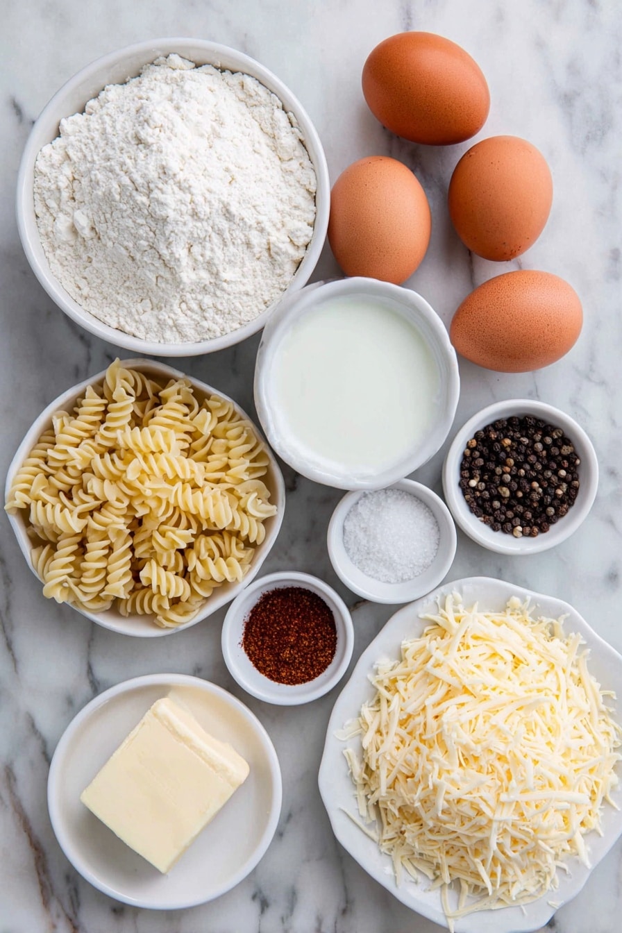 Creamy Baked Mac and Cheese Recipe 7 Flat lay of a small pile of uncooked elbow pasta, a half stick of unsalted butter, a small mound of all-purpose flour on a white ceramic plate, whole brown eggs with clean shells, a small white bowl of whole milk, a small white bowl of half and half cream, shredded medium sharp cheddar cheese arranged neatly on a white ceramic plate, shredded Gruyere cheese in a small pile on a white ceramic plate, a small white bowl of fine salt, a small white bowl of black peppercorns, and a small white bowl of paprika powder, all evenly spaced and perfectly symmetrical, placed on a clean white marble surface, soft natural light, photo taken with an iPhone, professional food photography style, fresh ingredients, white ceramic bowls, no bottles, no duplicates, no utensils, no packaging --ar 2:3 --v 7 --p m7354615311229779997 - Creamy Baked Mac and Cheese, best baked mac and cheese, homemade cheesy pasta, gourmet baked mac, comfort food recipes