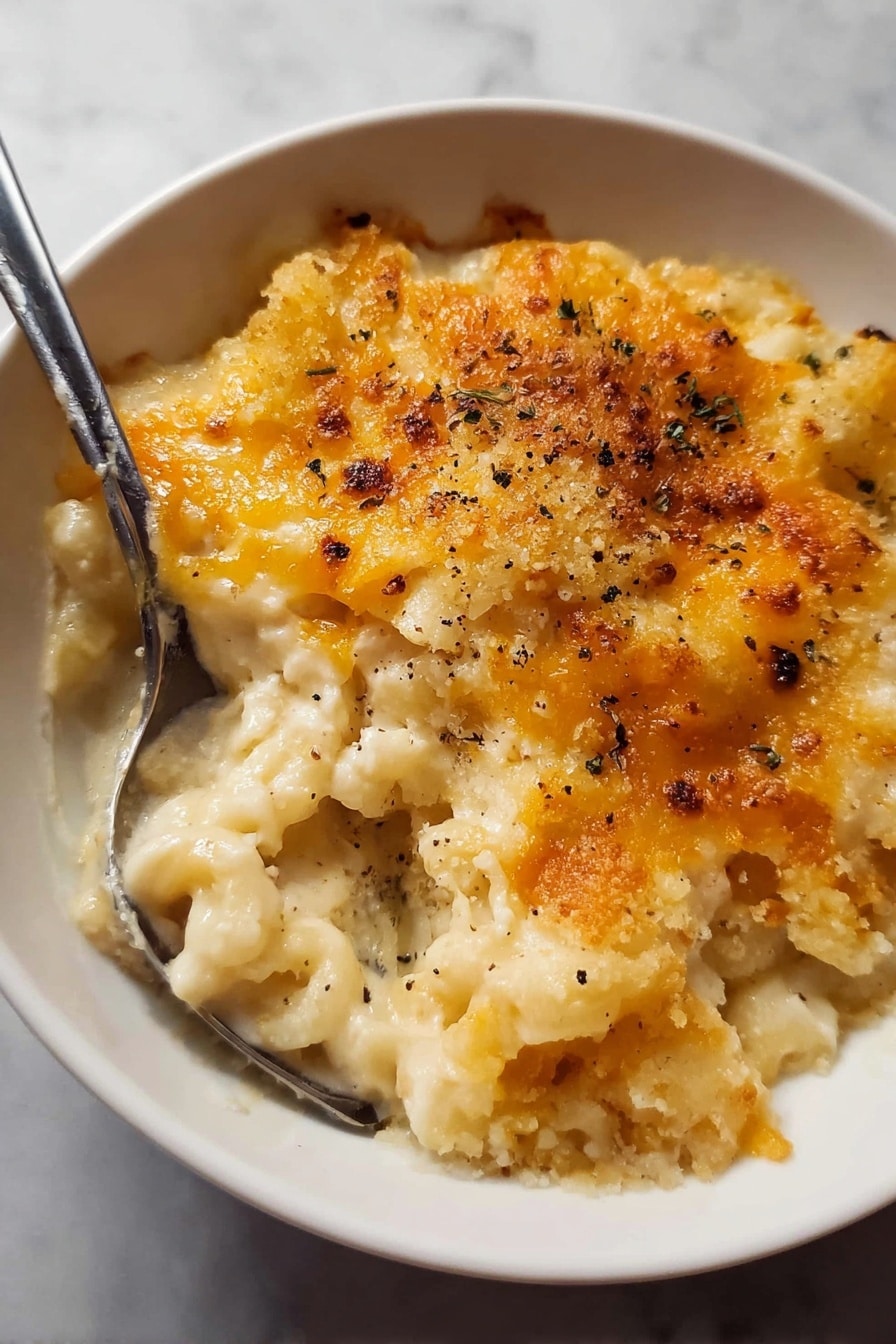 The dish is a creamy baked macaroni and cheese served in a white bowl. The bottom layer shows soft, pale yellow macaroni pasta, covered with a rich, melted cheese sauce that is creamy white with light orange patches of cheddar melted on top. The top layer has a golden-brown crispy crust with small browned spots and a sprinkle of coarse black pepper, adding texture and color contrast. The cheese layer looks bubbly and slightly browned in some places, making the surface uneven and textured. A silver spoon is partially dipped into the dish on the left side. The bowl sits on a white marbled surface. Photo taken with an iphone --ar 2:3 --v 7 - Creamy Baked Mac and Cheese, best baked mac and cheese, homemade cheesy pasta, gourmet baked mac, comfort food recipes