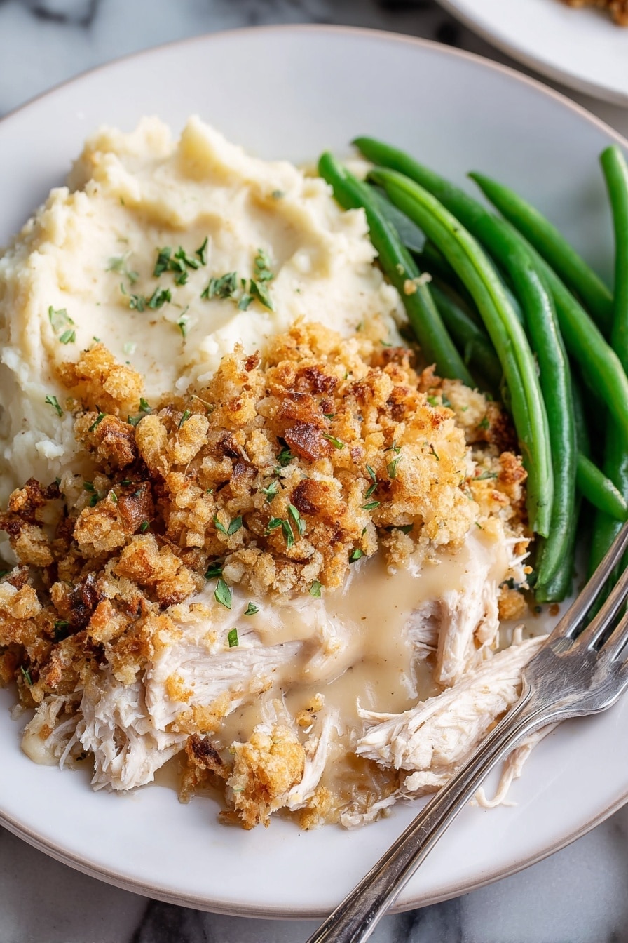 A white plate with three main parts: on the left, a smooth and creamy light beige layer of mashed potatoes; in the middle, a thick layer of shredded white meat covered by a light brown cream sauce topped with a crunchy, crumbly golden brown breadcrumb crust with small green herb bits scattered over it; on the right, several bright green cooked green beans arranged side by side; a silver fork rests on the right edge of the plate, slightly touching the breadcrumb topping; the plate sits on a white marbled surface. photo taken with an iphone --ar 2:3 --v 7 - Easy Crockpot Chicken and Stuffing, crockpot chicken with stuffing, slow cooker chicken casserole, easy comfort food recipes, simple dinner ideas