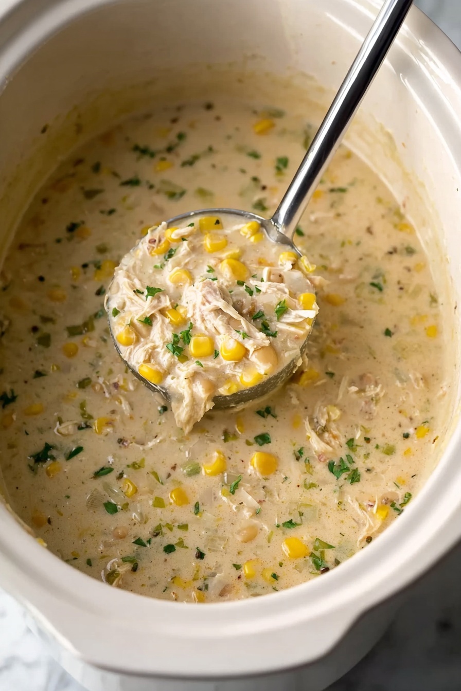 The image shows a close-up of a white slow cooker filled with creamy soup that has a light beige color with visible pieces of white beans, yellow corn, and shredded chicken. Small green herbs are scattered across the soup, adding a touch of color. A metal ladle is scooping some of the soup, showing a thick texture with the ingredients well mixed. The white marbled surface is visible under the slow cooker. photo taken with an iphone --ar 2:3 --v 7 - Creamy White Chicken Chili, white chicken chili recipe, creamy chicken chili, easy white chili, comforting chicken chili