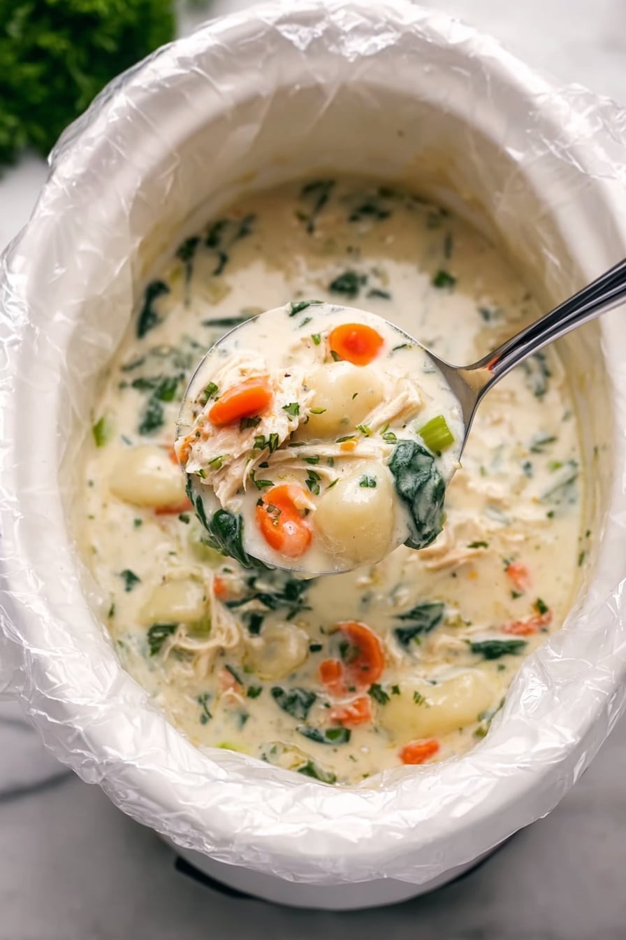 The image shows a white oval slow cooker filled with creamy soup that has a thick, smooth texture. The soup has visible chunks of white gnocchi, bright orange carrot slices, small light green celery pieces, shredded light-colored chicken, and green spinach leaves all mixed in the creamy white broth. A silver ladle scoops up some of the soup, showing a close-up of the different colorful ingredients on the ladle against the creamy background. The slow cooker is placed on a white marbled surface with a hint of green parsley visible in the background. photo taken with an iphone --ar 2:3 --v 7 - Slow Cooker Chicken Gnocchi Soup, creamy chicken gnocchi soup, easy slow cooker soup recipe, comforting chicken soup, homemade gnocchi soup