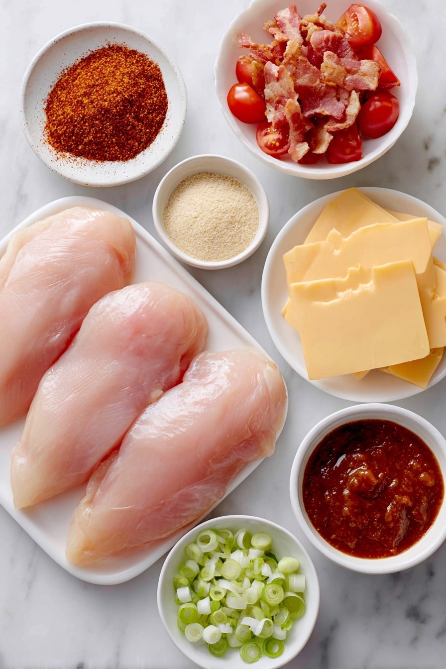 Slow Cooker Monterey Chicken with Bacon Recipe 7 Flat lay of four raw boneless skinless chicken breasts, a small white bowl of bright red smoky paprika powder, a small white bowl of pale beige garlic powder, a small white bowl of light tan onion powder, a small white bowl of coarse black pepper, a small white bowl of fine sea salt, a small white bowl filled with glossy deep reddish-brown BBQ sauce, a small white bowl with drained diced tomatoes with green chiles, four crisp cooked bacon slices crumbled artfully, four rectangular slices of creamy pale yellow colby jack cheese, one ripe red tomato diced, and four fresh green onions sliced, all arranged in perfect symmetry on simple white ceramic dishes, placed on a clean white marble surface, soft natural light, photo taken with an iPhone, professional food photography style, fresh ingredients, white ceramic bowls, no bottles, no duplicates, no utensils, no packaging --ar 2:3 --v 7 --p m7354615311229779997 - Slow Cooker Monterey Chicken, Slow Cooker Monterey Chicken with Bacon, cheesy chicken slow cooker recipe, smoky bacon chicken skillet, easy slow cooker chicken dinner