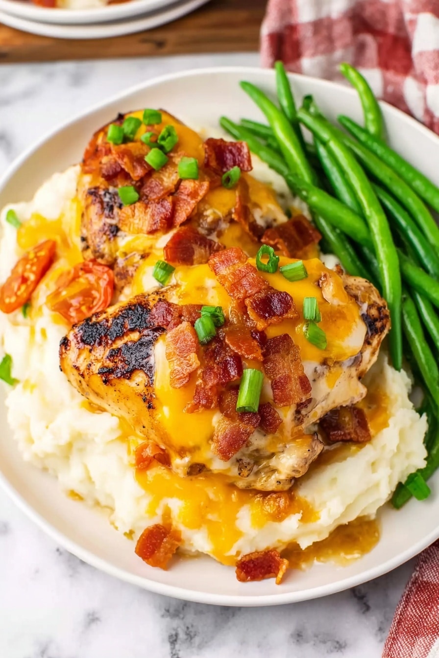 Slow Cooker Monterey Chicken with Bacon Recipe 6 On a white plate placed on a white marbled surface, there is a base layer of smooth, creamy mashed potatoes colored pale off-white. On top of the mashed potatoes are two grilled chicken pieces with golden-brown, slightly charred skin. The chicken is covered with a generous layer of melted yellow and white cheese, which looks soft and slightly stretchy. Scattered over the cheese are small pieces of red tomato and crispy bacon bits, along with chopped bright green onions for a fresh touch. Alongside the chicken and potatoes, there are whole, vibrant green beans arranged neatly on one side of the plate. The image is well lit and clear, showing the textures vividly. Photo taken with an iphone --ar 2:3 --v 7 - Slow Cooker Monterey Chicken, Slow Cooker Monterey Chicken with Bacon, cheesy chicken slow cooker recipe, smoky bacon chicken skillet, easy slow cooker chicken dinner