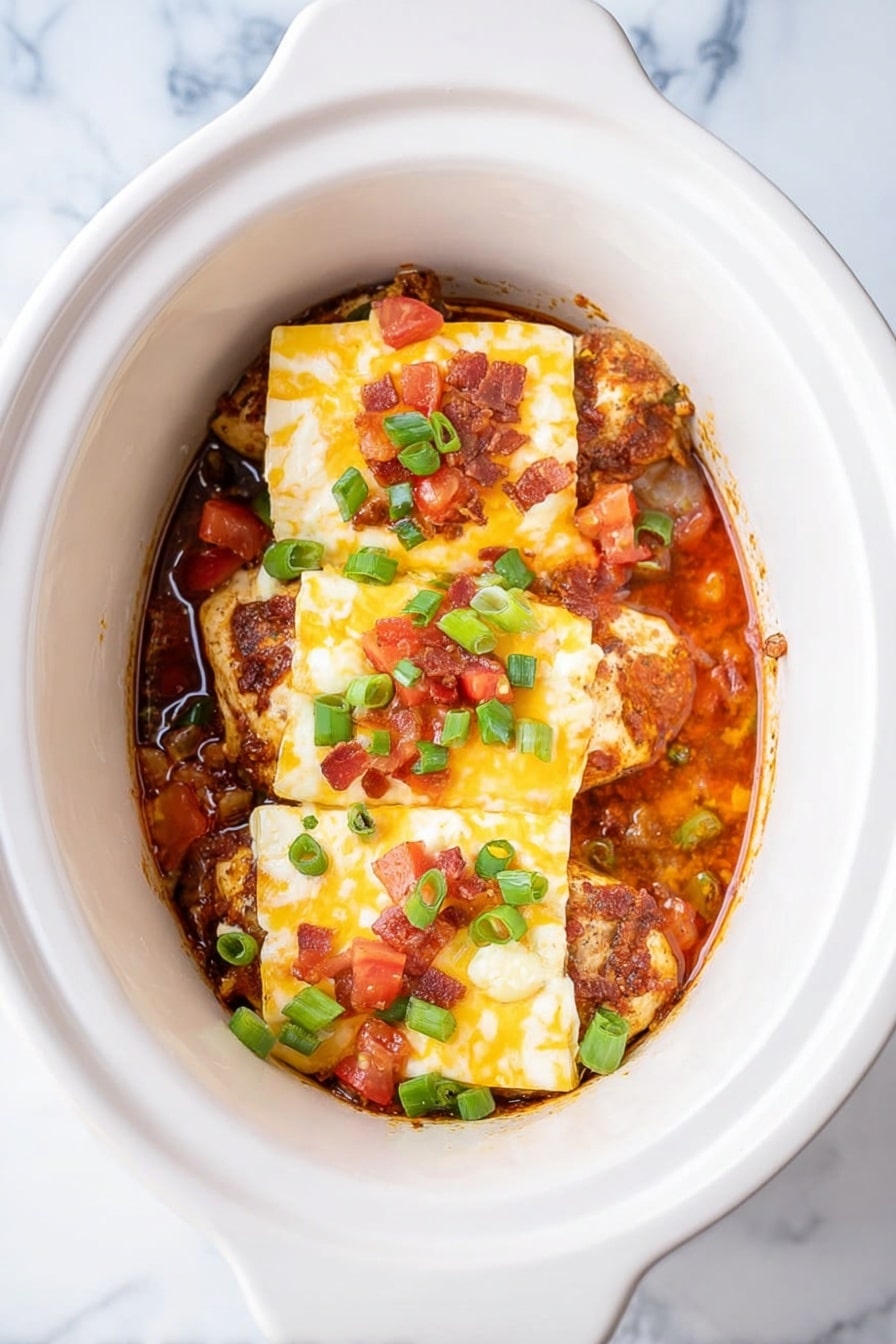 Slow Cooker Monterey Chicken with Bacon Recipe 8 Inside a white slow cooker, there are several browned cooked chicken pieces arranged at the bottom covered with a reddish sauce. On top of the chicken, there are three square slices of melted yellow and white cheese with small bits of crispy brown bacon and diced red tomatoes scattered over them. Fresh green chopped onions are sprinkled around the cheese and chicken, adding a pop of color. The slow cooker sits on a white marbled surface. photo taken with an iphone --ar 2:3 --v 7 - Slow Cooker Monterey Chicken, Slow Cooker Monterey Chicken with Bacon, cheesy chicken slow cooker recipe, smoky bacon chicken skillet, easy slow cooker chicken dinner