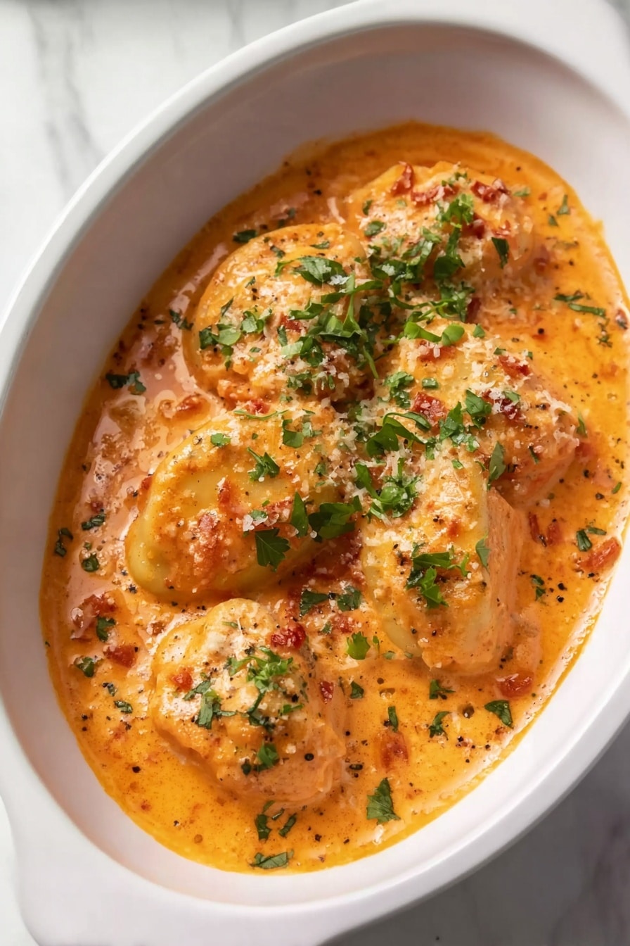 Creamy Tomato Basil Chicken in Slow Cooker Recipe 6 The image shows a white oval dish filled with a creamy orange sauce that has a smooth, thick texture. Inside the sauce, there are four pieces of round, pale yellow food partially covered by the sauce, scattered with small bits of red and green herbs evenly spread on top. The dish is on a white marbled surface, and the sauce looks rich and flavorful with some fine herb sprinkles and grated cheese on top, adding texture and contrast. Photo taken with an iphone --ar 2:3 --v 7 - Creamy Tomato Basil Chicken Slow Cooker, easy slow cooker chicken recipes, comfort food chicken dinner, creamy chicken recipes, weeknight slow cooker meals