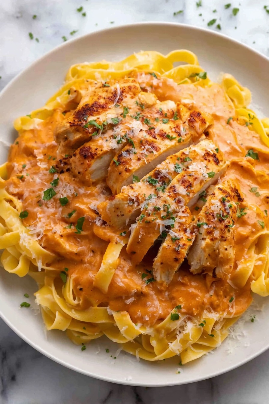 Creamy Tomato Basil Chicken in Slow Cooker Recipe 8 A white plate holds three layers: the bottom layer is light yellow fettuccine pasta arranged in a loose pile with a smooth texture, the middle layer is a thick, creamy orange sauce with visible chunks of tomato spread evenly over the pasta, and the top layer is sliced cooked chicken with a golden brown, slightly crispy texture arranged neatly in rows. The dish is sprinkled with finely chopped green herbs and grated white cheese on top. The background surface is white marbled texture. photo taken with an iphone --ar 2:3 --v 7 - Creamy Tomato Basil Chicken Slow Cooker, easy slow cooker chicken recipes, comfort food chicken dinner, creamy chicken recipes, weeknight slow cooker meals