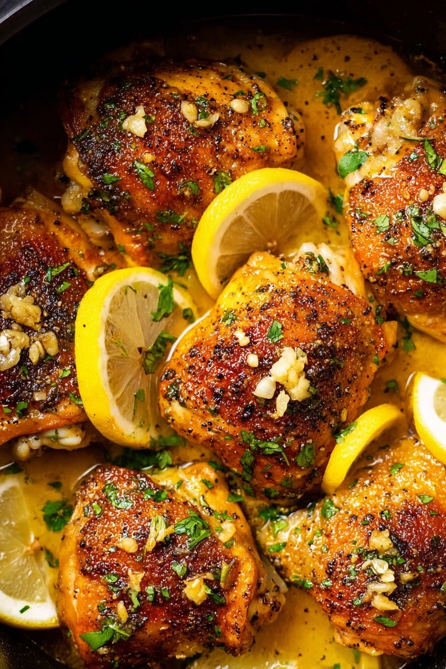 This image shows a close-up of six golden-brown cooked chicken pieces in a pan, each piece having a crunchy skin with visible black pepper and bits of garlic on top. Bright yellow lemon wedges are placed around and between the chicken pieces. Fresh green chopped herbs are sprinkled evenly over the chicken and lemon. A thin layer of light orange sauce or juices surrounds the chicken at the bottom of the pan, giving the dish a moist look. The background is dark, helping the warm colors of the food stand out. photo taken with an iphone --ar 2:3 --v 7 - Crockpot Lemon Garlic Chicken Thighs, easy slow cooker chicken, juicy chicken recipes, lemon garlic chicken dinner, effortless crockpot chicken