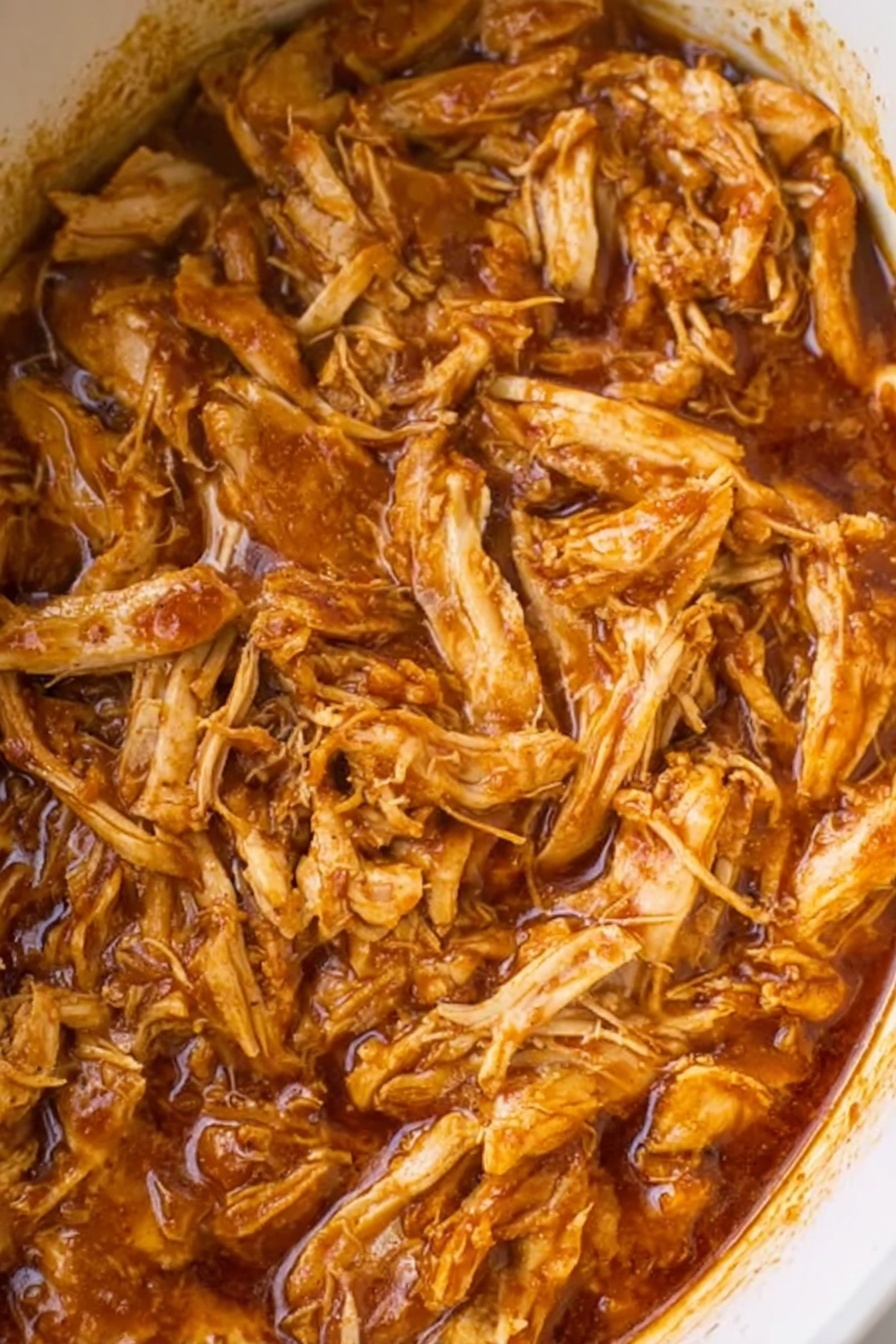The image shows a close-up of shredded chicken mixed evenly with a thick, rich brown sauce inside a white cooking pot. The chicken pieces are pulled apart into medium-sized, fibrous layers that soak up the sauce, giving a glossy and slightly uneven texture. The sauce clings well to the chicken, showing some darker and lighter brown spots that add depth to the colors. The white marbled background is barely visible around the edges of the pot. Photo taken with an iphone --ar 2:3 --v 7 - Slow Cooker BBQ Chicken, easy slow cooker chicken recipes, juicy shredded chicken dishes, hassle-free BBQ dinner ideas, crowd-pleasing chicken sandwiches