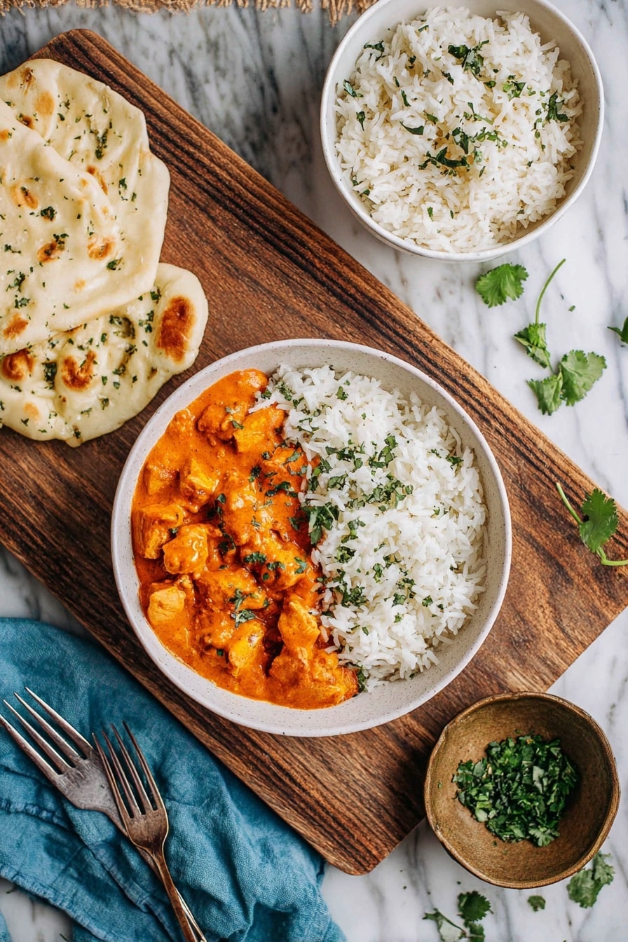 A white bowl sits on a wooden board over a white marbled surface, filled with two main layers side by side: on the left, chunks of orange curry sauce with small pieces of chicken, smooth and glossy with some green herb sprinkles on top; on the right, a pile of fluffy, white rice with light grain texture and scattered green herbs. Above the bowl is a small white bowl filled with plain white rice. Around the setting, pieces of white flatbread with lightly browned spots are scattered. There is a small bronze bowl with chopped green herbs on the right and fresh cilantro leaves at the bottom right. A blue cloth and two forks rest on the wooden board on the left side of the main bowl. Photo taken with an iphone --ar 2:3 --v 7 - Slow Cooker Chicken Tikka Masala, Chicken Tikka Masala, Indian Slow Cooker Recipes, Easy Chicken Tikka, Healthy Indian Curry