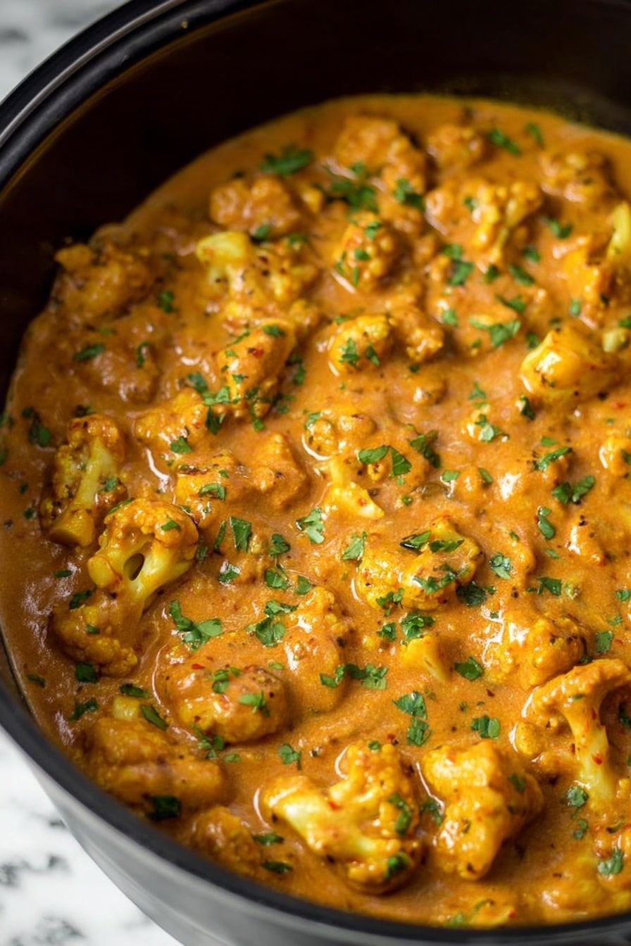 The image shows a close-up of a creamy orange curry with visible cauliflower florets coated in the sauce. The dish is garnished with small pieces of green herbs scattered evenly on top, adding a touch of color contrast. The texture looks rich and smooth, with chunks of cauliflower immersed in the thick sauce inside a black cooking pot. The background is a white marbled surface. photo taken with an iphone --ar 2:3 --v 7 - Slow Cooker Butter Chicken, easy Indian curry, creamy chicken crockpot, flavorful slow cooker chicken, beginner-friendly butter chicken