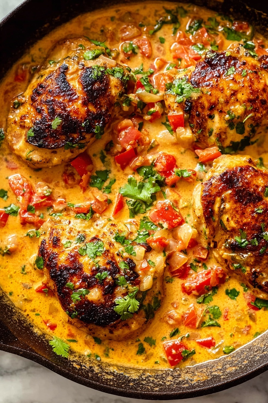 The image shows a black pan filled with four golden brown cooked chicken pieces, each with a slightly charred texture on top. The chicken is covered with a creamy, orange sauce that has chunks of red tomatoes and small bits of green herbs scattered throughout. The sauce looks thick and rich, with visible pieces of finely chopped onions mixed in. Fresh cilantro leaves are used as garnish on the sauce and chicken, adding bright green touches to the dish. The entire scene rests on a white marbled surface. photo taken with an iphone --ar 2:3 --v 7 - Coconut Milk Chicken, easy coconut chicken recipe, creamy chicken dinner, flavorful chicken with coconut milk, weeknight chicken dinner
