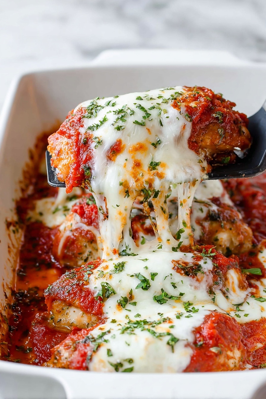 A white dish holds several pieces of cooked chicken, each topped with bright red tomato sauce and a thick, melted layer of white cheese that stretches as a black spatula lifts one piece. The chicken looks crispy beneath the sauce, which has bits of herbs mixed in, and the cheese is sprinkled with finely chopped green herbs, adding a fresh touch. The dish sits on a white marbled surface. photo taken with an iphone --ar 2:3 --v 7 - Easy Chicken Parmesan Bake, cheesy chicken bake, baked chicken Parmesan, simple chicken dinner, quick chicken casserole