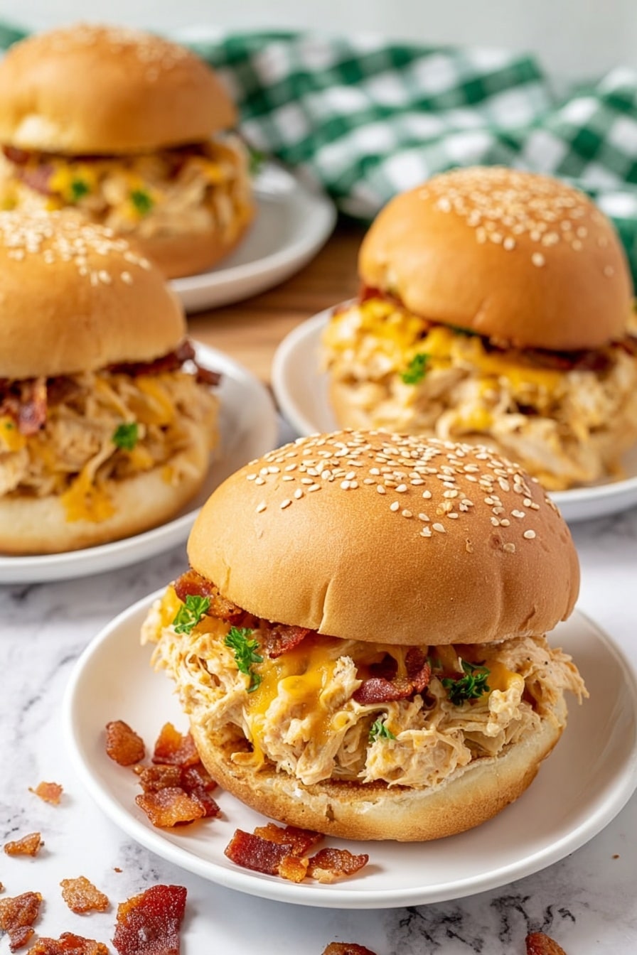 The image shows four chicken sandwiches on white plates on a white marbled surface. Each sandwich has a top sesame bun that is light golden brown with white sesame seeds. Inside, there is one thick layer of shredded chicken mixed with melted yellow cheddar cheese and bits of crispy bacon. Green herbs are mixed in the chicken layer adding a touch of green color. The chicken mixture looks creamy and soft. Some pieces of small crispy bacon bits are scattered around the sandwiches on the surface. The background has a white marbled texture and a glimpse of a green and white checkered cloth. Photo taken with an iphone --ar 2:3 --v 7 - Creamy Crockpot Crack Chicken, Crockpot Chicken Recipes, Easy Slow Cooker Chicken, Comforting Chicken Dinner, melt-in-your-mouth chicken