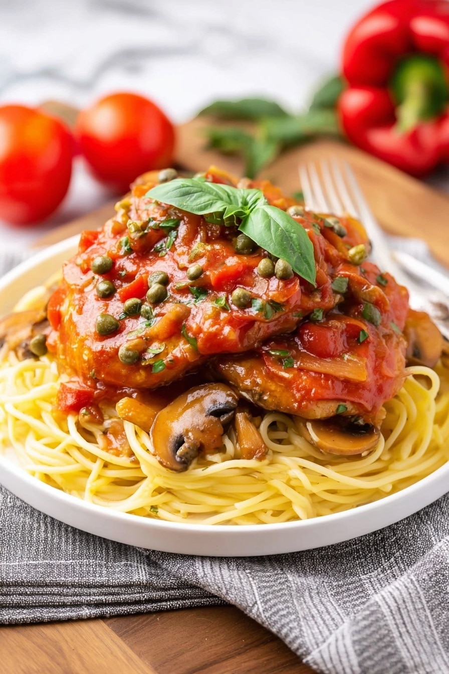 A white plate holds a bed of light yellow spaghetti as the bottom layer. On top of the spaghetti sits sautéed vegetables including sliced mushrooms, green bell peppers, and onions, all coated in a red tomato sauce with visible green herbs. The next layer is two pieces of cooked meat covered in the same red tomato sauce with capers and small green herb bits scattered on top. The dish is garnished with a fresh green basil leaf placed in the center of the top meat layer. The plate rests on a gray and white striped cloth over a wooden surface, with whole red tomatoes and bell peppers blurred in the white marbled background. Photo taken with an iphone --ar 2:3 --v 7 - Slow Cooker Chicken Cacciatore, chicken cacciatore recipe, easy Italian chicken dinner, comforting slow cooker meals, homemade chicken stew