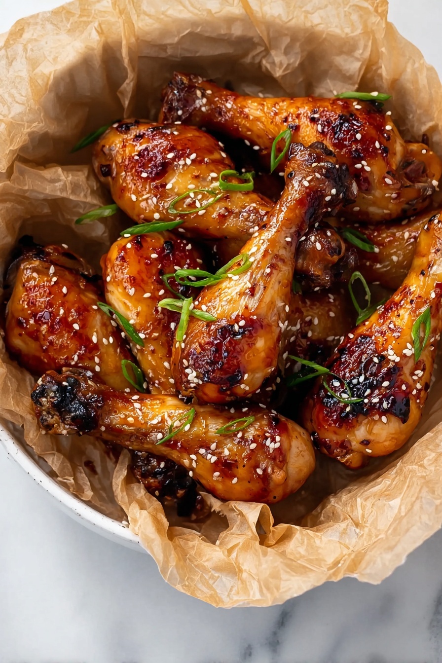 The image shows a white bowl lined with crumpled light brown parchment paper filled with several golden-brown roasted chicken drumsticks. The drumsticks have a shiny, sticky glaze with some darker caramelized spots. Scattered on top are small white sesame seeds and thin slices of green onion, adding a fresh green contrast to the warm browns. The bowl sits on a white marbled surface, enhancing the colors of the food. Photo taken with an iphone --ar 2:3 --v 7 - Honey Soy Baked Chicken Drumsticks, easy baked chicken recipes, flavorful chicken dinner ideas, juicy chicken drumsticks, quick family dinner recipes