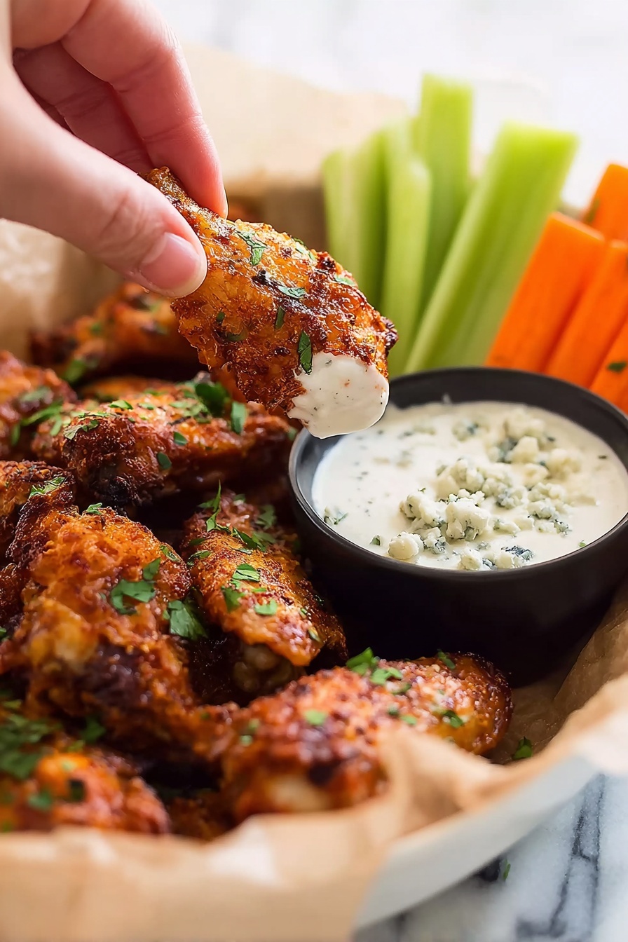 Dry Rub Baked Chicken Wings with Gorgonzola Sauce Recipe 6 The image shows a white basket filled with multiple crispy, golden-brown chicken wings sprinkled with green herbs. On one side of the basket, there is a small black bowl full of creamy white dipping sauce topped with some crumbled blue cheese. Behind the wings and sauce, there are colorful vegetable sticks including orange carrots and green celery, all placed against a white marbled surface. A woman's hand is dipping one of the chicken wings into the sauce, adding action to the scene. photo taken with an iphone --ar 2:3 --v 7 - Dry Rub Baked Chicken Wings with Gorgonzola Sauce, baked chicken wings, crispy chicken wings, Gorgonzola wings, flavorful chicken wing recipe