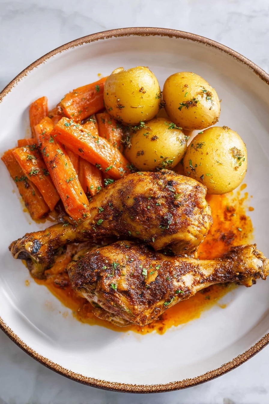 The dish shows two golden-brown chicken drumsticks at the bottom, coated with a dark spice mix and glistening with oil, placed on a large white plate with a thin brown rim. Above the drumsticks, there are several small round potatoes, golden yellow with a slightly crispy texture and seasoned with black pepper and herbs. On the top left side, a group of bright orange baby carrots is clustered together, also seasoned and roasted, with a shiny, slightly oily surface. A reddish-orange sauce pools slightly around the food, adding a glossy finish. Small green herb flakes are sprinkled across the dish, giving it a fresh touch. The plate sits on a white marbled texture surface. photo taken with an iphone --ar 2:3 --v 7 - Baked Chicken Leg with Vegetables, baked chicken thighs, easy chicken dinner, healthy roasted chicken recipe, quick vegetable chicken meal