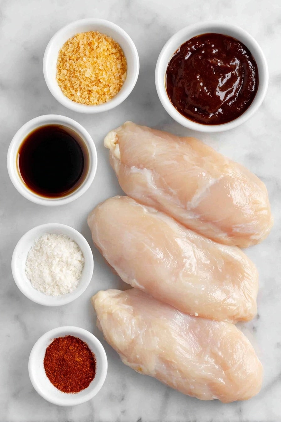 Crockpot BBQ Chicken Recipe 7 Flat lay of four fresh boneless skinless chicken breasts arranged neatly, a small white bowl filled with rich, glossy homemade BBQ sauce, a small white bowl holding light brown granulated brown sugar, a small white bowl containing vibrant reddish chili powder, a small white bowl with fine pale beige onion powder, a small white bowl with off-white garlic powder, and a small white bowl with dark brown Worcestershire sauce, all placed in perfect symmetry on a clean white marble surface, soft natural light, photo taken with an iPhone, professional food photography style, fresh ingredients, white ceramic bowls, no bottles, no duplicates, no utensils, no packaging --ar 2:3 --v 7 --p m7354615311229779997 - Crockpot BBQ Chicken, easy slow cooker chicken, flavorful crockpot chicken recipes, tender BBQ chicken, simple dinner ideas