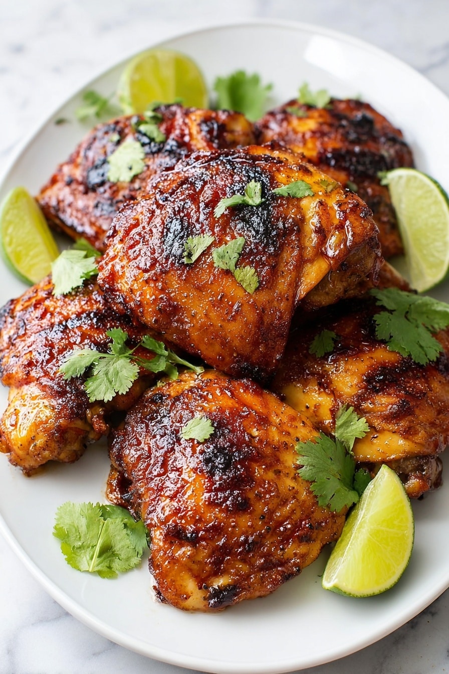 Easy Pollo Asado Recipe 8 A white oval plate holds a stack of six grilled chicken thighs, each with crispy, shiny brown skin showing charred spots and a textured surface. The chicken pieces are placed in a loose pile, overlapping each other. Around the chicken, there are several small lime wedges with bright green skin and pale green flesh, along with fresh green cilantro leaves scattered on top and beside the chicken. The plate rests on a white marbled surface. photo taken with an iphone --ar 2:3 --v 7 - Easy Pollo Asado, pollo asado marinade, grilled pollo asado, flavorful chicken recipes, Mexican chicken dishes