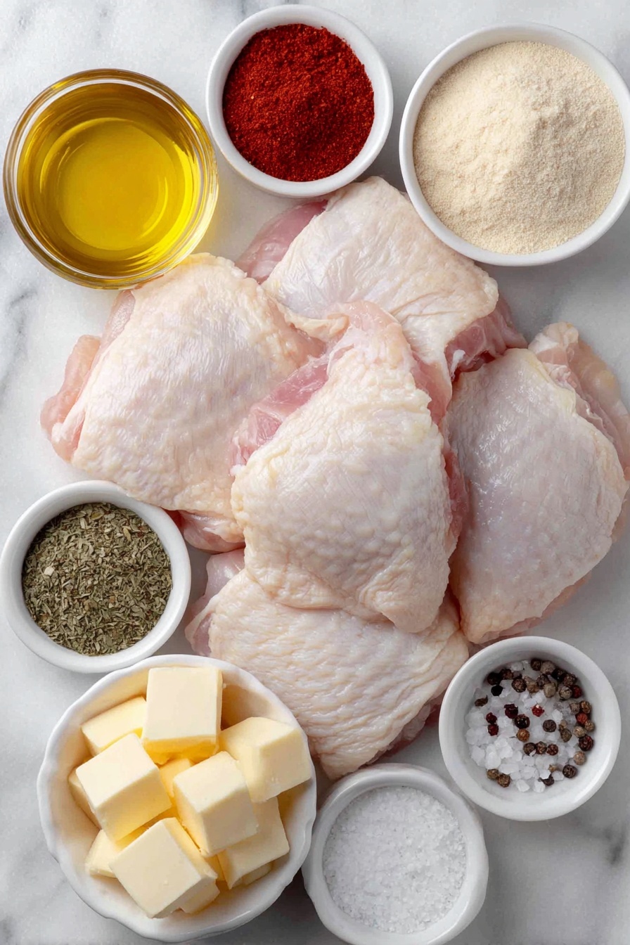 Oven Baked Chicken Thighs Recipe 7 Flat lay of fresh raw chicken thighs with smooth skin arranged neatly, a small white bowl of golden olive oil, a small white bowl filled with bright red ground paprika, a small white bowl of finely ground garlic powder, a small white bowl of pale beige onion powder, a small white bowl holding mixed Italian seasoning herbs in green and brown tones, a small white bowl of dried parsley flakes, a small white bowl of coarse white salt crystals, a small white bowl of cracked black peppercorns, and small cubes of pale yellow butter pieces, all placed symmetrically on a clean white marble surface, soft natural light, photo taken with an iPhone, professional food photography style, fresh ingredients, white ceramic bowls, no bottles, no duplicates, no utensils, no packaging --ar 2:3 --v 7 --p m7354615311229779997 - Oven Baked Chicken Thighs, crispy oven baked chicken, juicy chicken thigh recipe, easy chicken dinner, healthy baked chicken