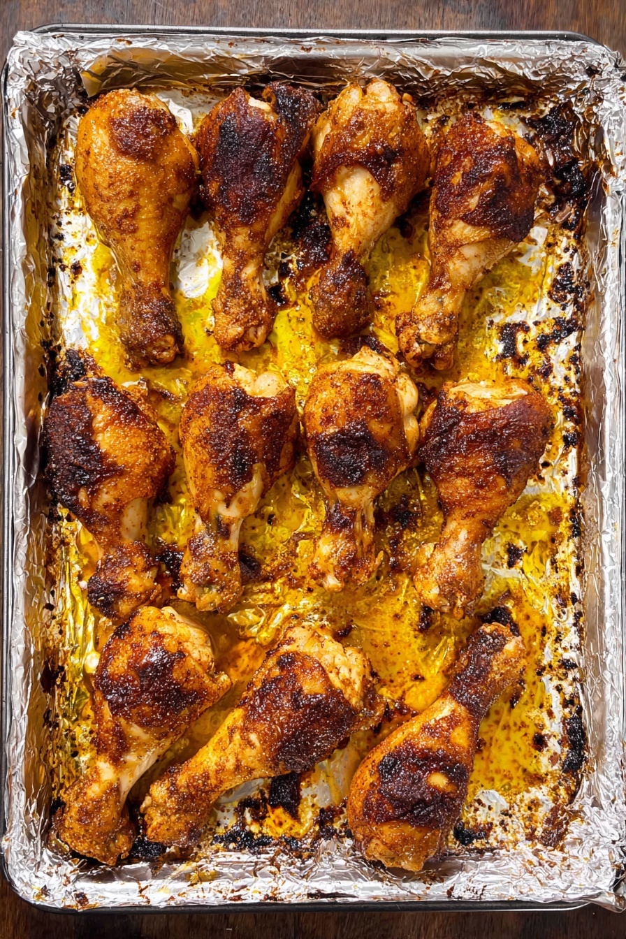 A metal oven tray lined with crinkled silver foil holds fourteen baked chicken drumsticks. The drumsticks are arranged in rows with some space between them, showing golden-brown crispy skin with darker charred spots and a slightly rough texture. The tray surface has patches of yellowish-orange oil and browned burnt bits around the drumsticks. The outside edges of the tray have some greasy, dark browned spots. photo taken with an iphone --ar 2:3 --v 7 - Crispy Baked Chicken Legs, baked chicken leg recipe, easy chicken dinner, crispy chicken thighs, juicy baked chicken drumsticks