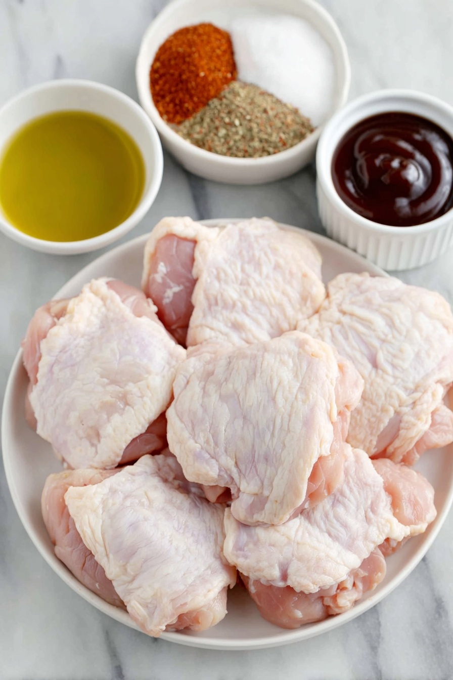 Oven Baked Barbecue Chicken Thighs Recipe 7 Flat lay of fresh boneless skinless chicken thighs arranged neatly beside a small white bowl of golden cooking oil, a small white bowl filled with dark rich barbecue sauce, a small white bowl of light brown granulated brown sugar, and a small white bowl containing a colorful spice mix of smoked paprika, chili powder, garlic powder, onion powder, ground black pepper, cinnamon, and salt, all placed symmetrically on a simple white ceramic plate, placed on a clean white marble surface, soft natural light, photo taken with an iPhone, professional food photography style, fresh ingredients, white ceramic bowls, no bottles, no duplicates, no utensils, no packaging --ar 2:3 --v 7 --p m7354615311229779997 - Oven Baked Barbecue Chicken Thighs, baked barbecue chicken, easy chicken thigh recipes, oven chicken dinner, flavorful chicken thighs