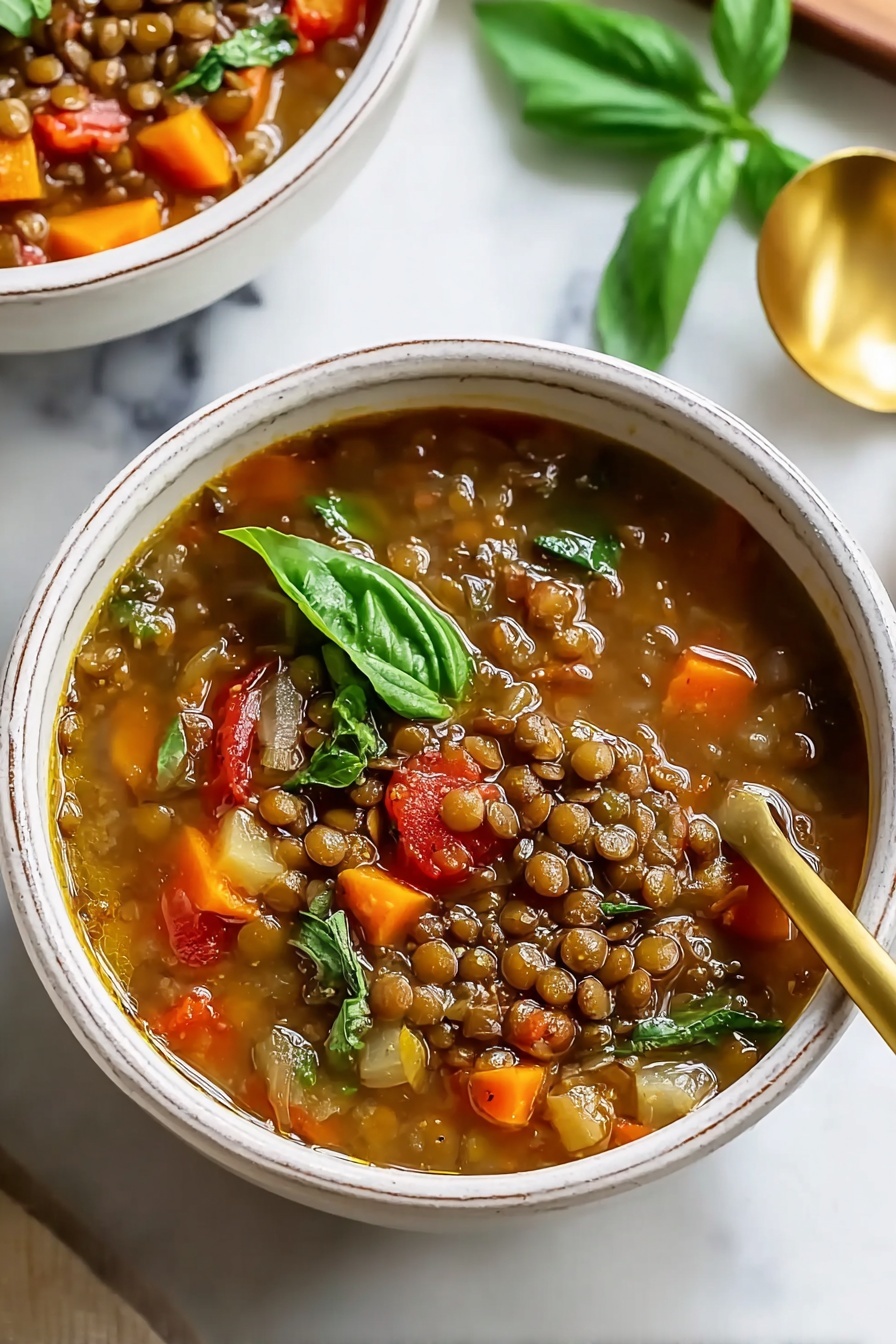 Mediterranean Lentil Soup Recipe 6 A white bowl filled with lentil soup showing a deep layer of brown lentils in the middle, surrounded by a clear broth with visible pieces of orange carrots, translucent onion chunks, and red tomato pieces, all topped with fresh green basil leaves. The bowl is placed on a white marbled surface with a gold spoon on the side. Another bowl with the same soup is slightly blurred in the background. photo taken with an iphone --ar 2:3 --v 7 - Mediterranean Lentil Soup, healthy lentil soup recipe, easy Mediterranean soup, nourishing vegetarian soup, flavorful lentil stew