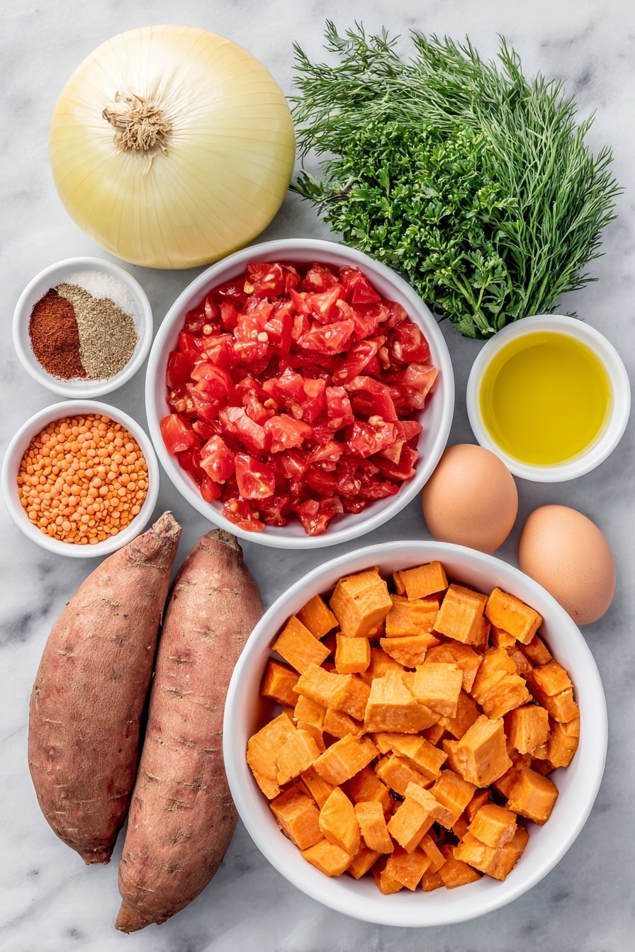 Red Lentil Soup with Veggies and Herbs Recipe 7 Flat lay of a small white ceramic bowl filled with golden extra-virgin olive oil, a large yellow onion with smooth bright yellow skin, two whole uncracked brown garlic cloves, a small white bowl containing ground cumin powder, another small white bowl with deep red chili powder, a pristine white ceramic dish holding bright red diced tomatoes, a large peeled sweet potato cut into even chunks with vibrant orange flesh, two peeled carrots diced into small orange pieces, a small white bowl overflowing with raw red lentils, a small bunch of mixed fresh herbs including dill, mint, parsley, and oregano with bright green leaves, a small white bowl containing fresh lemon juice with a pale yellow hue, and two whole uncracked brown eggs arranged symmetrically, all placed on a clean white marble surface, soft natural light, photo taken with an iPhone, professional food photography style, fresh ingredients, white ceramic bowls, no bottles, no duplicates, no utensils, no packaging --ar 2:3 --v 7 --p m7354615311229779997 - Red Lentil Soup with Veggies and Herbs, hearty vegan lentil soup, quick healthy lentil soup recipe, comforting vegetable lentil soup, easy plant-based soup