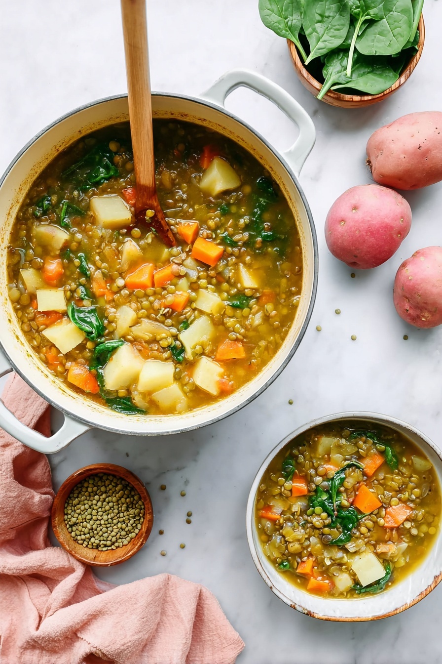 Mediterranean Lentil Soup Recipe 8 A white pot filled with lentil soup sits on a white marbled surface, showing layers of green lentils, orange carrot cubes, light brown potato chunks, translucent onion bits, and bright green spinach leaves floating throughout a clear golden broth. A wooden spoon rests inside the pot, stirring the soup. Next to the pot is a white bowl holding a serving of the soup, showing the same colorful mix of lentils, vegetables, and spinach. Nearby are a small wooden bowl of fresh spinach leaves, a wooden bowl of dry green lentils, two pink potatoes, and a pale pink cloth on the white marbled background. Photo taken with an iphone --ar 2:3 --v 7 - Mediterranean Lentil Soup, healthy lentil soup, veggie-packed lentil soup, easy Mediterranean soup, hearty lentil soup