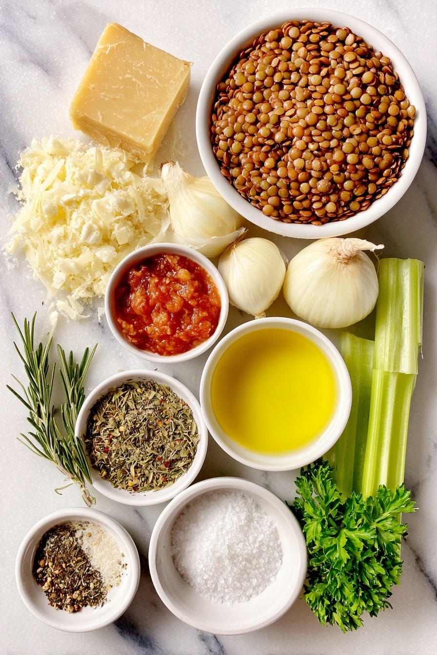 Italian Lentil Soup Recipe 7 Flat lay of a small pile of dried brown lentils, a medium peeled brown onion finely diced, a large freshly peeled and diced carrot, two fresh celery ribs diced, three whole uncracked garlic cloves, a small piece of natural Parmesan rind, a small white ceramic bowl of extra virgin olive oil, a small white ceramic bowl of crushed tomatoes, a small white ceramic bowl of vegetable stock, a few fresh rosemary sprigs finely chopped, a small white ceramic bowl of dried red chili flakes, a small white ceramic bowl of dried basil, a small white ceramic bowl of dried oregano, a small pile of coarse sea salt crystals, a small pile of freshly ground black peppercorns, a few fresh flat-leaf parsley sprigs, and a small heap of freshly grated Parmesan cheese, all arranged with perfect symmetry on a clean white marble surface, soft natural light, photo taken with an iPhone, professional food photography style, fresh ingredients, white ceramic bowls, no bottles, no duplicates, no utensils, no packaging --ar 2:3 --v 7 --p m7354615311229779997 - Italian Lentil Soup, hearty lentil soup, easy lentil soup recipe, comforting Italian soup, healthy lentil soup