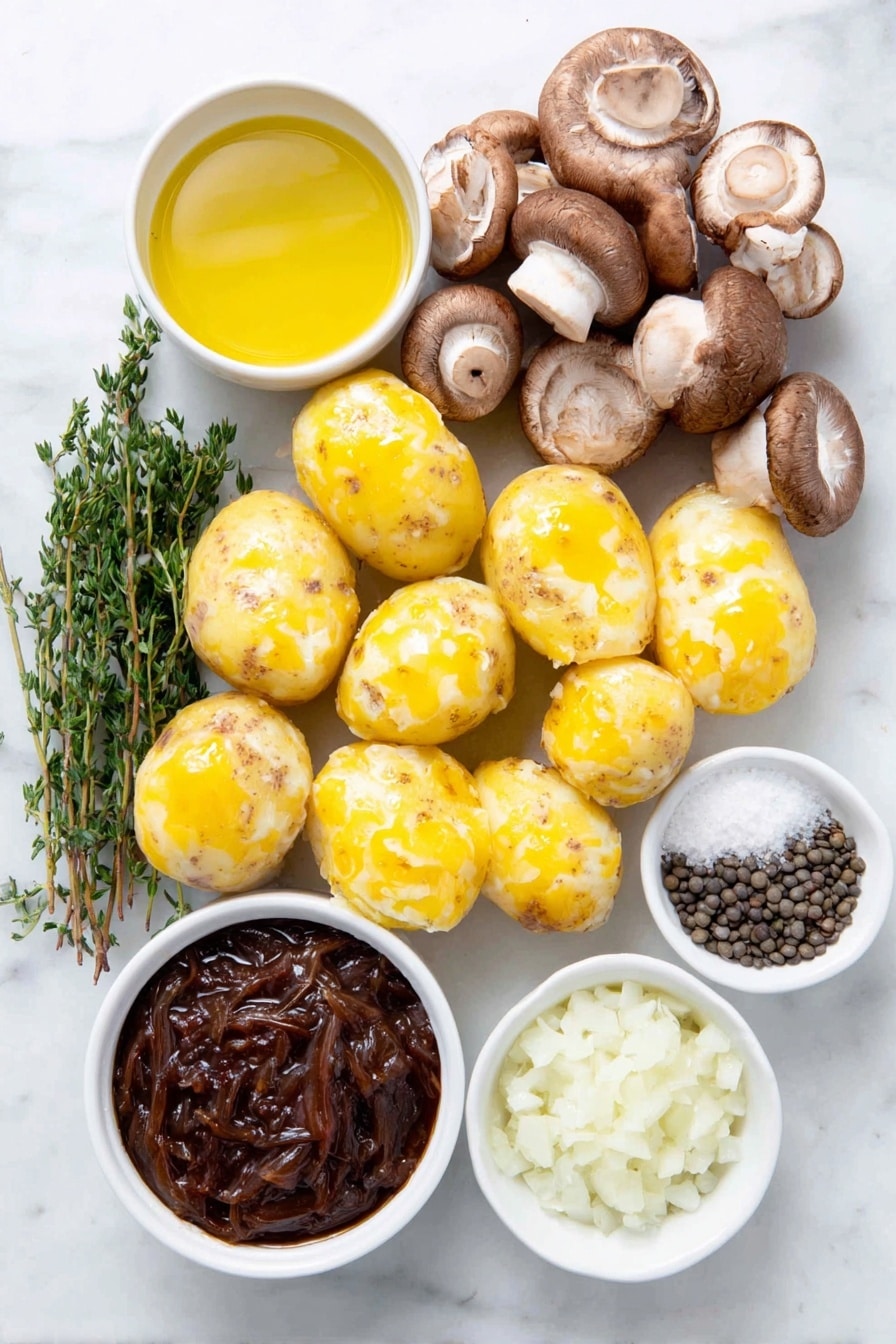 Vegan Lentil Mushroom Stew over Mashed Potatoes Recipe 7 Flat lay of peeled yellow potatoes with some skin left on, whole uncracked brown eggs, a small bunch of fresh thyme sprigs, a few sprigs of fresh parsley, a small pile of sliced cremini mushrooms, a small bowl of rinsed green lentils, a small white ceramic bowl of olive oil, a small white ceramic bowl of unsweetened almond milk, a small white ceramic bowl of coconut aminos, a small white ceramic bowl of tomato paste, a small white ceramic bowl of water, a small white ceramic bowl of vegetable broth, a small white ceramic bowl of chopped shallots, sea salt and black peppercorns scattered neatly on the side, arranged with perfect symmetry on a clean white marble surface, soft natural light, photo taken with an iPhone, professional food photography style, fresh ingredients, white ceramic bowls, no bottles, no duplicates, no utensils, no packaging --ar 2:3 --v 7 --p m7354615311229779997 - Vegan Lentil Mushroom Stew over Mashed Potatoes, hearty vegan stew, plant-based mushroom and lentil recipe, vegan comfort food, easy vegan stew recipe