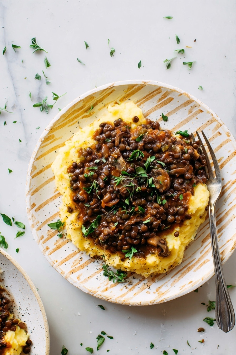 Vegan Lentil Mushroom Stew over Mashed Potatoes Recipe 6 The dish shows two main layers on a round white plate with a light brown pattern. The bottom layer is a thick, soft, creamy yellow mashed potato spread evenly in a roughly circular shape. On top, a rich, dark brown lentil stew with small round lentils and sliced mushrooms is spread, covering most of the mashed potatoes. Small green herb leaves are sprinkled over the stew for garnish. A silver fork rests on the right side of the plate, partly on the food. The plate is set on a white marbled surface with scattered chopped green herbs around it. Photo taken with an iphone --ar 2:3 --v 7 - Vegan Lentil Mushroom Stew over Mashed Potatoes, hearty vegan stew, plant-based mushroom and lentil recipe, vegan comfort food, easy vegan stew recipe