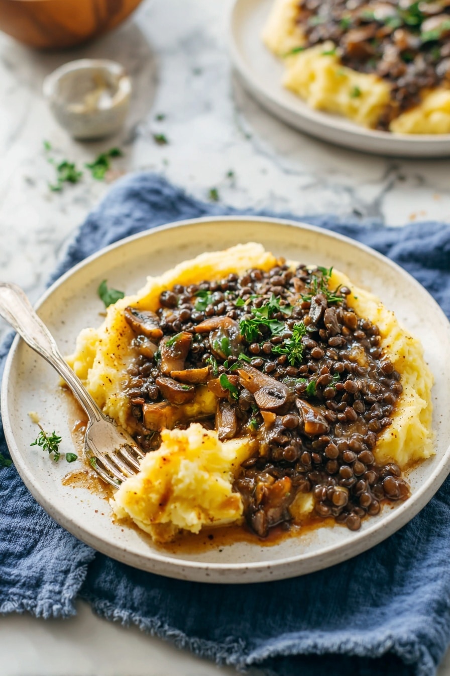 Vegan Lentil Mushroom Stew over Mashed Potatoes Recipe 8 A white plate holds a serving of mashed potatoes with a soft, creamy texture forming the outer layer, with a warm yellow color. On top, there is a thick stew made of dark brown lentils and sliced mushrooms, rich in sauce that has a glossy finish, mixed evenly with herbs like thyme and parsley scattered on top for a fresh green touch. A fork rests on the left side of the plate, with some mashed potatoes touching its tines. The plate is set on a blue cloth over a white marbled surface, with another similar plate shown blurred in the background. photo taken with an iphone --ar 2:3 --v 7 - Vegan Lentil Mushroom Stew over Mashed Potatoes, hearty vegan stew, plant-based mushroom and lentil recipe, vegan comfort food, easy vegan stew recipe