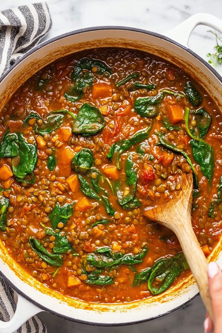 Healthy Lentil Vegetable Soup Recipe 8 A large white round pot filled with a thick stew that has three main layers visible: the bottom layer is a chunky, deep orange-red sauce with pieces of diced orange vegetables, the middle layer contains small round green lentils spread throughout, and the top layer has fresh green leafy spinach scattered on top. A wooden spoon is stirring the stew from the right side, showing part of a woman's hand holding the spoon. The pot rests on a white marbled surface with a hint of a striped cloth on the left side. Photo taken with an iphone --ar 2:3 --v 7 - Healthy Lentil Vegetable Soup, nourishing lentil soup, easy vegetable soup, healthy lentil recipes, hearty veggie soup