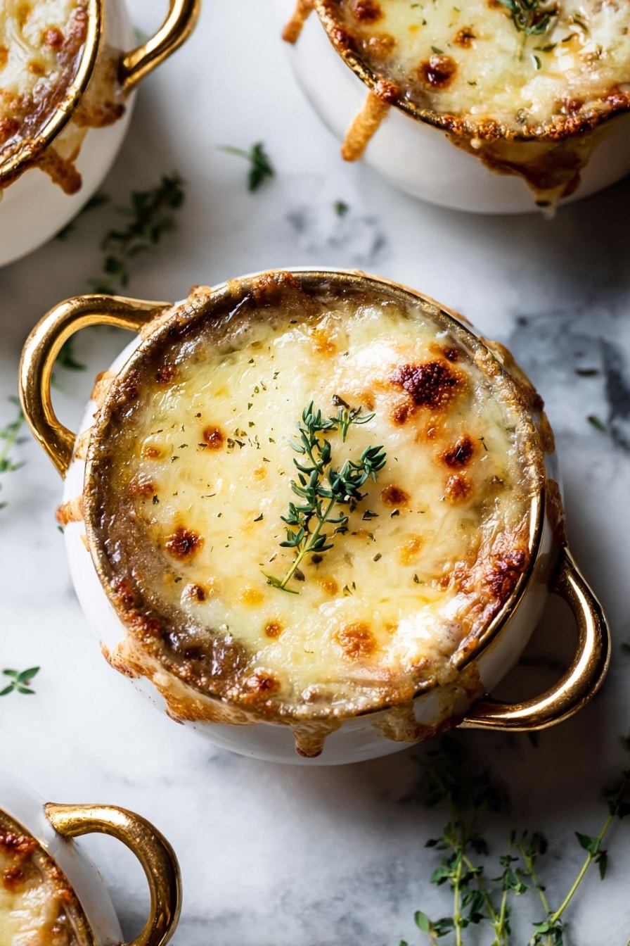 Easy French Onion Soup with Melted Cheese Recipe 6 A white bowl filled with a baked dish showing a thick, melted cheese layer on top that is golden brown with small bubbly spots, slightly dripping down the side of the bowl. A few green herb sprigs are scattered on the melted cheese, adding fresh texture and color. The bowl has two handles and sits on a white cloth, all placed on a white marbled surface. In the background, another similar bowl is slightly blurred. photo taken with an iphone --ar 2:3 --v 7 - French Onion Soup with Melted Cheese, easy French onion soup, homemade French onion soup, caramelized onion soup, cheesy French onion soup