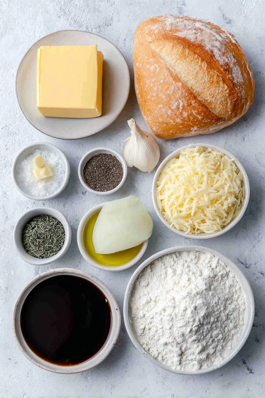 Slow Cooker French Onion Soup Recipe 7 Flat lay of a small stick of pale yellow butter, a pile of fresh sweet yellow onions sliced into rings, a small white ceramic bowl of fine white flour, a small white ceramic bowl with coarse salt crystals, a small white ceramic bowl of ground black pepper, a large simple white ceramic bowl filled with rich brown beef broth, a small white ceramic bowl of gleaming minced garlic, a small white ceramic bowl containing dried sprigs of thyme, a small white ceramic bowl holding dried oregano leaves, a small white ceramic bowl with dark glossy Worcestershire sauce, a small white ceramic bowl of deep brown balsamic vinegar, a single fresh green bay leaf, a fresh rustic baguette with golden crust, a small white ceramic bowl filled with bright green olive oil, a whole uncracked garlic bulb with clean white papery skin, a few thin slices of pale creamy swiss cheese, and a small white ceramic bowl with finely shredded pale yellow parmesan cheese all arranged symmetrically and balanced on a clean white marble surface, soft natural light, photo taken with an iPhone, professional food photography style, fresh ingredients, white ceramic bowls, no bottles, no duplicates, no utensils, no packaging --ar 2:3 --v 7 --p m7354615311229779997 - Slow Cooker French Onion Soup, French Onion Soup, Easy French Onion Soup, Crockpot Onion Soup, Homemade French Onion Soup