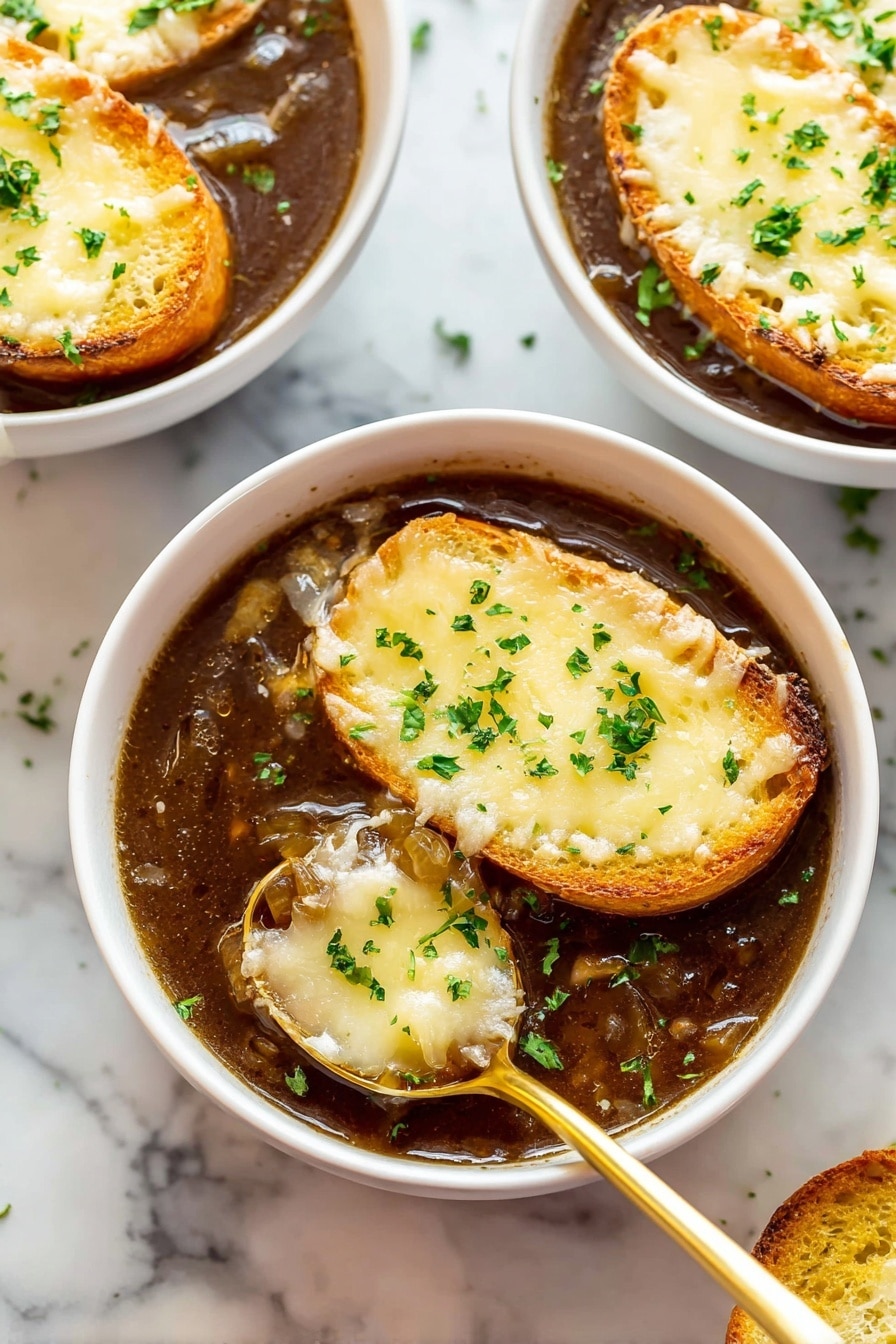 Instant Pot French Onion Soup with Cheese Recipe 6 The image shows three white bowls filled with dark brown onion soup. Each bowl has two to three golden, toasted bread slices floating on top, covered with melted light yellow cheese that looks soft and slightly browned. The soup is garnished with small green parsley pieces scattered on the bread and in the soup. One bowl in the front has a gold spoon lifting some soup with visible cooked onions and a bit of melted cheese. The bowls are placed on a white marbled surface. The photo taken with an iphone --ar 2:3 --v 7 - Instant Pot French Onion Soup with Cheese, French Onion Soup, Instant Pot Onion Soup, Easy French Onion Soup, Chees topped Onion Soup