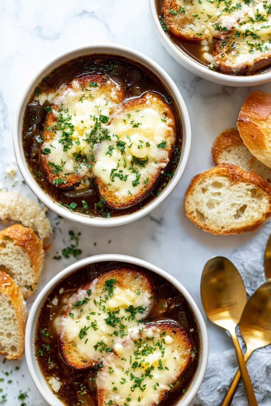 Instant Pot French Onion Soup with Cheese Recipe 8 The image shows three white bowls filled with dark brown onion soup, each topped with two to three slices of toasted bread covered with melted golden cheese, sprinkled with fresh green chopped herbs. The bread slices float on the soup, showing a mix of melted cheese and slightly crispy browned edges. Next to the bowls, there is a small pile of sliced bread on a white marbled surface. To the right are three shiny gold spoons placed together. The lighting is bright and natural, highlighting the textures of the melted cheese, herbs, and soup. Photo taken with an iphone --ar 2:3 --v 7 - Instant Pot French Onion Soup with Cheese, French Onion Soup, Instant Pot Onion Soup, Easy French Onion Soup, Chees topped Onion Soup