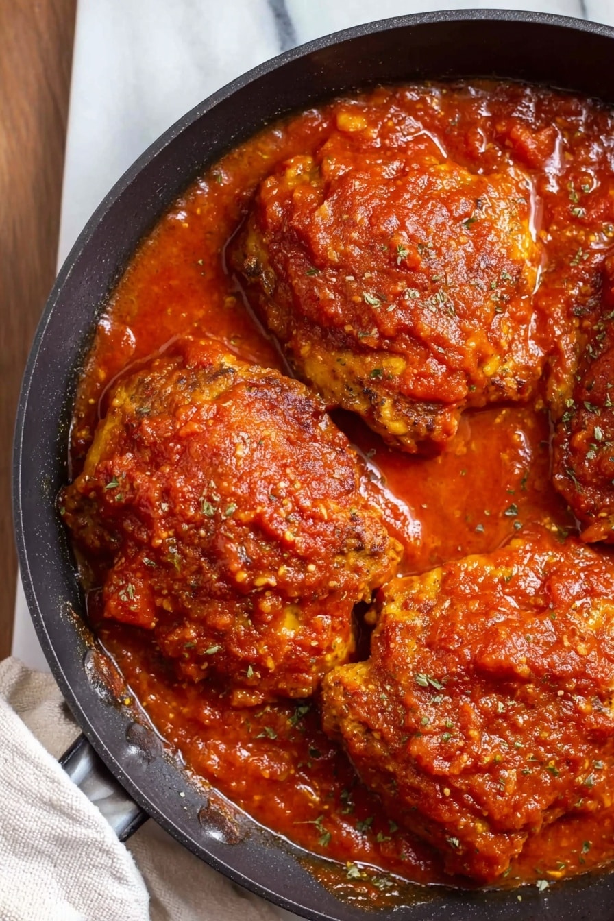 Spicy Nigerian Chicken Stew Recipe 8 The image shows a close-up view of four pieces of cooked chicken covered in thick red tomato sauce inside a black pan. Each piece of chicken is golden brown under the rich sauce, which has a chunky texture with visible herbs and small bits. The sauce pools around the chicken, creating a glossy, moist look. The pan rests on a white marbled surface with a white cloth napkin nearby. The overall colors are warm reds and browns with a textured, home-cooked feel. photo taken with an iphone --ar 2:3 --v 7 - Spicy Nigerian Chicken Stew, Nigerian Chicken Stew, Nigerian stew recipe, Nigerian chicken dishes, hot Nigerian chicken stew