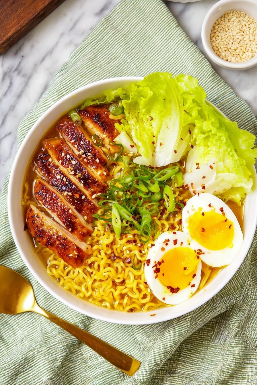 Quick and Delicious Chicken Ramen Recipe 6 A white bowl filled with three main layers: at the bottom, bright yellow curly noodles soaked in broth, in the middle, golden brown grilled chicken slices topped with white sesame seeds arranged neatly on one side, and on the top right, two halves of a soft-boiled egg with yellow yolks, sprinkled with black pepper and red chili flakes. Fresh green chopped scallions are scattered over the noodles, with crisp pale green lettuce leaves placed behind the egg halves. The bowl sits on a light green cloth with white stripes on a white marbled surface. Nearby, a small white dish contains sesame seeds and a golden spoon rests beside the bowl. photo taken with an iphone --ar 2:3 --v 7 - Quick and Delicious Chicken Ramen, quick ramen recipe, easy chicken ramen, homemade chicken ramen, flavorful ramen bowl