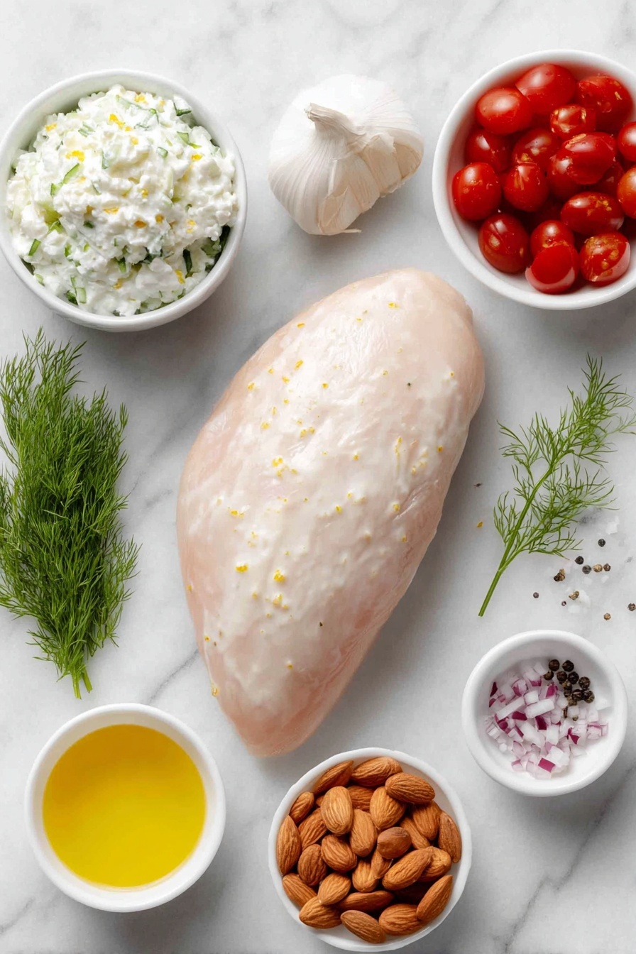 Greek Chicken Tzatziki Salad Recipe 7 Flat lay of one plump boneless, skinless chicken breast, a small mound of thick creamy plain Greek yogurt in a white ceramic bowl, a small white bowl holding finely shredded seedless cucumber with green skin flecks, fresh bright green dill sprigs, two whole uncracked garlic cloves with smooth white skins, a small white bowl containing vibrant yellow lemon juice, a small white bowl with deep red wine vinegar, a pinch of coarse kosher salt crystals and whole black peppercorns scattered neatly, a handful of chopped celery stalks with pale green color, a heap of glossy red cherry tomatoes diced, a small pile of finely chopped green cucumber pieces, a small white bowl filled with roughly chopped raw almonds showcasing their light brown skins, and a small pile of finely diced purple-red onion pieces — all arranged symmetrically on a clean white marble surface, soft natural light, photo taken with an iPhone, professional food photography style, fresh ingredients, white ceramic bowls, no bottles, no duplicates, no utensils, no packaging --ar 2:3 --v 7 --p m7354615311229779997 - Greek Chicken Tzatziki Salad, healthy Greek chicken salad, easy tzatziki chicken bowl, Mediterranean chicken salad, refreshing chicken salad with tzatziki