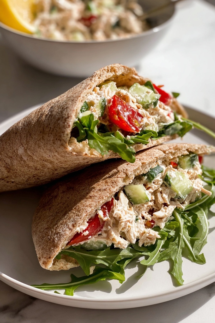 Greek Chicken Tzatziki Salad Recipe 6 Two halves of a whole wheat pita sandwich are placed on a white plate over a white marbled background. Each half is filled with fresh green arugula at the bottom, topped with a creamy mix that contains shredded chicken, small green cucumber pieces, bright red tomato chunks, and some herbs, all held together by a light dressing. The pita bread has a textured, slightly toasted brown exterior with a soft interior visible near the fillings. A blurred bowl filled with the same creamy chicken mixture is visible in the background. The photo taken with an iphone --ar 2:3 --v 7 - Greek Chicken Tzatziki Salad, healthy Greek chicken salad, easy tzatziki chicken bowl, Mediterranean chicken salad, refreshing chicken salad with tzatziki