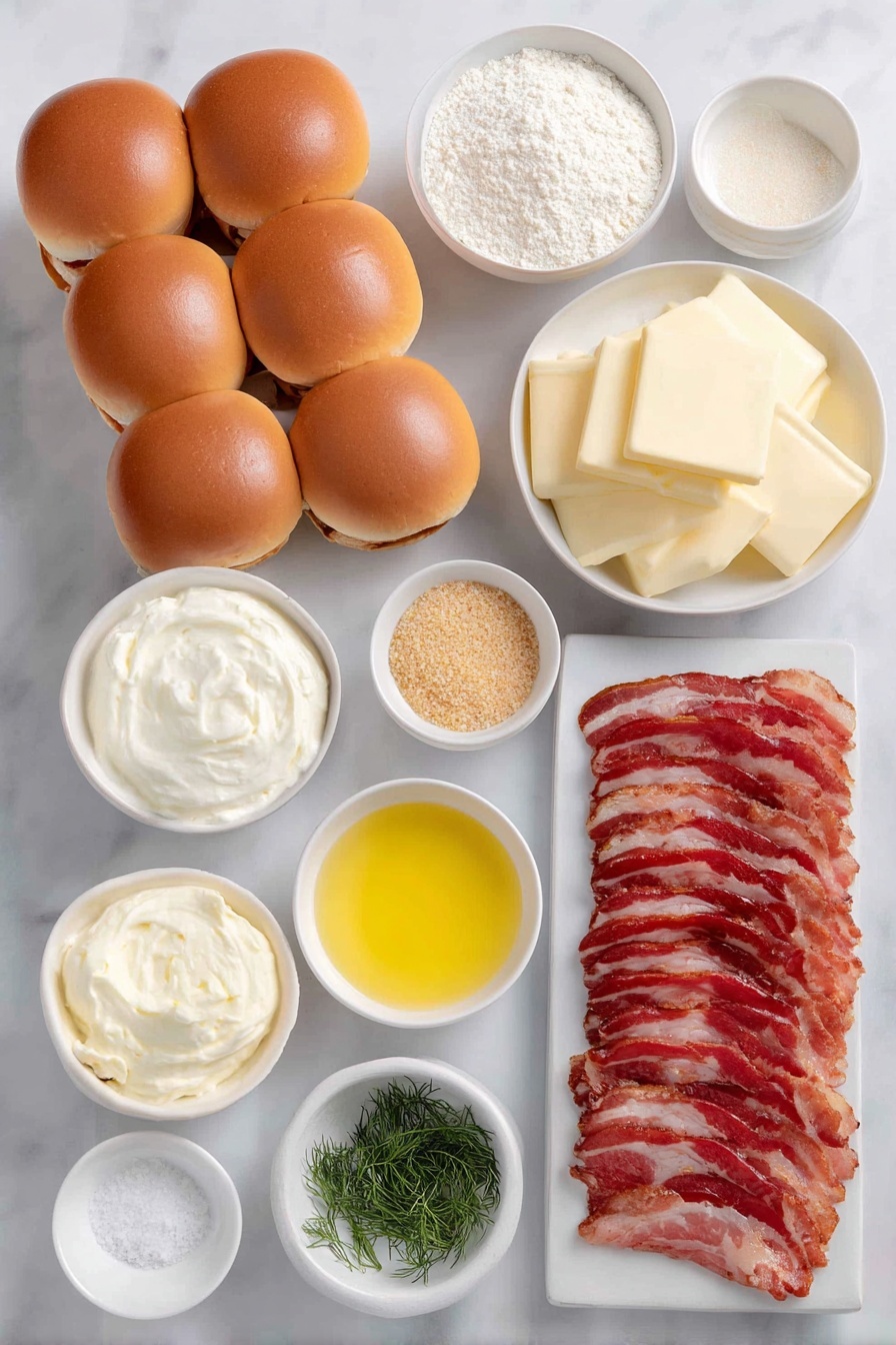 Chicken Bacon Ranch Sliders on Blackstone Griddle Recipe 7 Flat lay of fresh raw chicken breasts, two whole brown eggs with clean shells, a small white bowl of golden cooking oil, a small white bowl filled with fine all-purpose flour, a small white bowl of golden brown breadcrumbs, eight uncooked slices of streaky bacon, a stack of eight soft slider buns with a shiny crust, eight slices of creamy yellow cheese, a small white bowl of thick creamy mayonnaise, a small white bowl of smooth sour cream, fresh bright green dill sprigs, a small white bowl of vibrant lemon juice, small white bowls containing garlic powder, onion powder, and salt, all arranged in perfect symmetry on a simple white ceramic surface, placed on a clean white marble surface, soft natural light, photo taken with an iPhone, professional food photography style, fresh ingredients, white ceramic bowls, no bottles, no duplicates, no utensils, no packaging --ar 2:3 --v 7 --p m7354615311229779997 - Chicken Bacon Ranch Sliders on Blackstone Griddle, Chicken Bacon Ranch Sliders, Blackstone Griddle Slider Recipes, Easy Chicken Sliders, Game Day Slider Ideas